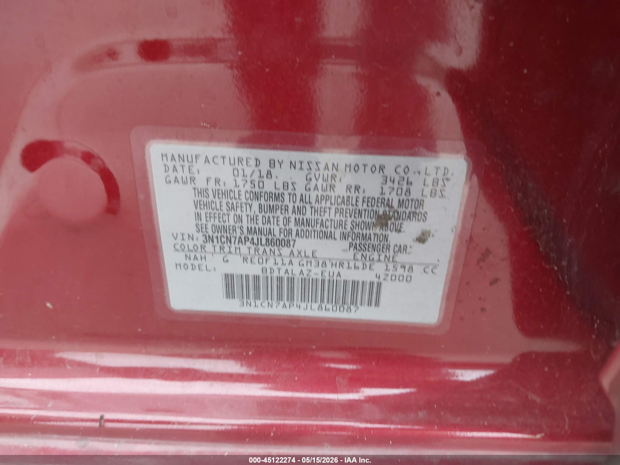 2018 Nissan Versa 1.6 S+ Red vin: 3N1CN7AP4JL860087