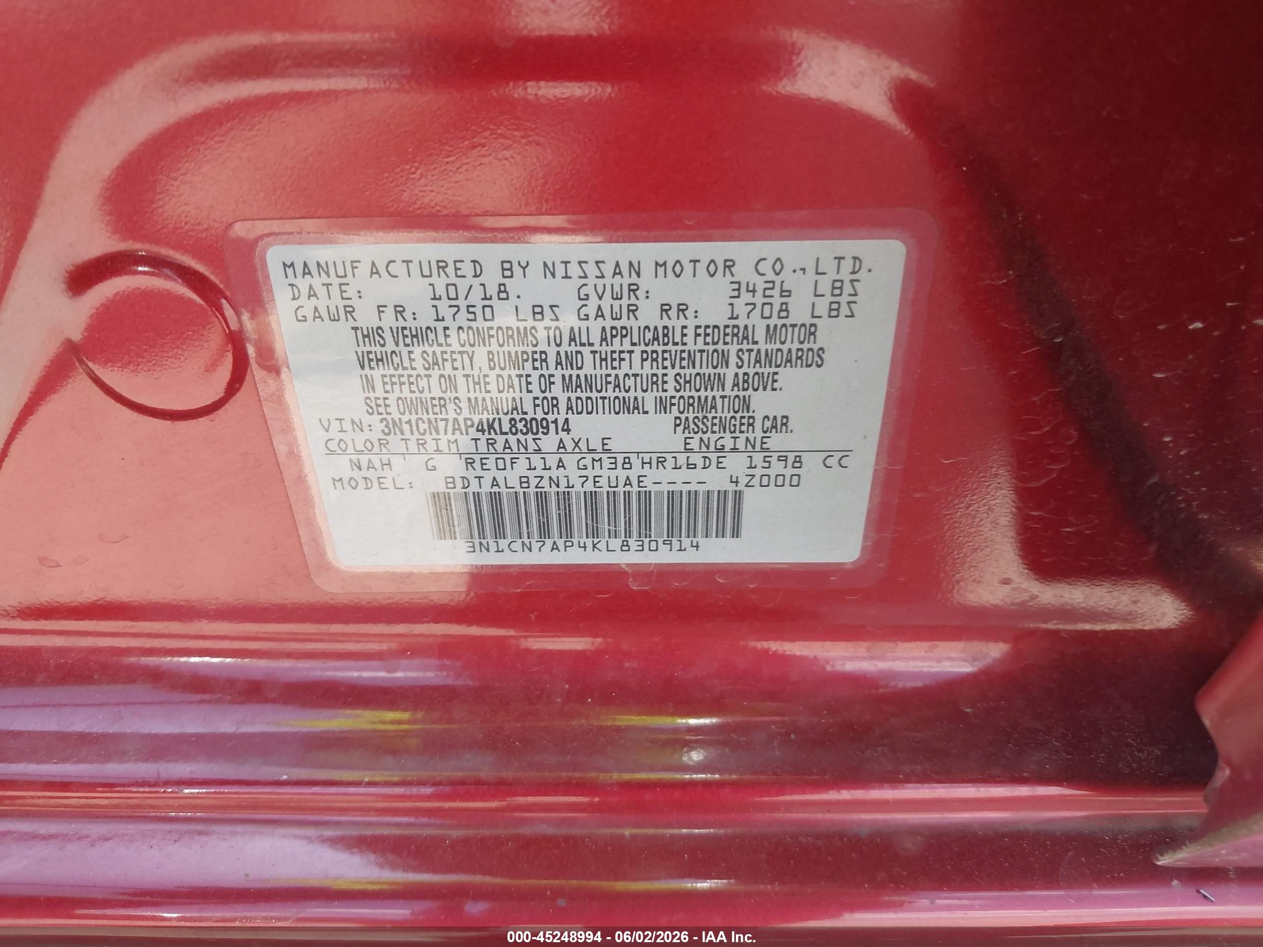 2019 Nissan Versa 1.6 Sv Red vin: 3N1CN7AP4KL830914
