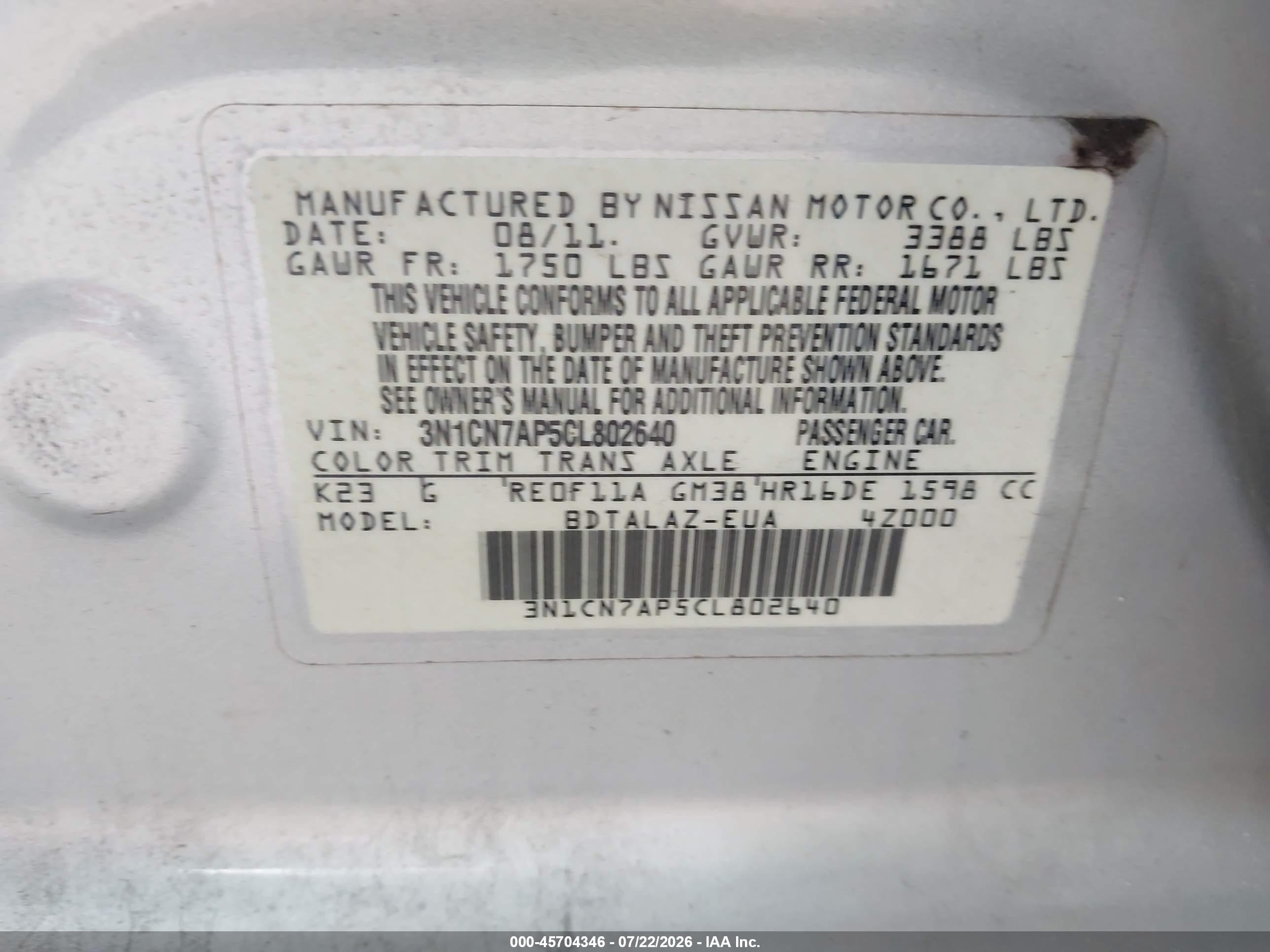 2012 Nissan Versa 1.6 S Silver vin: 3N1CN7AP5CL802640