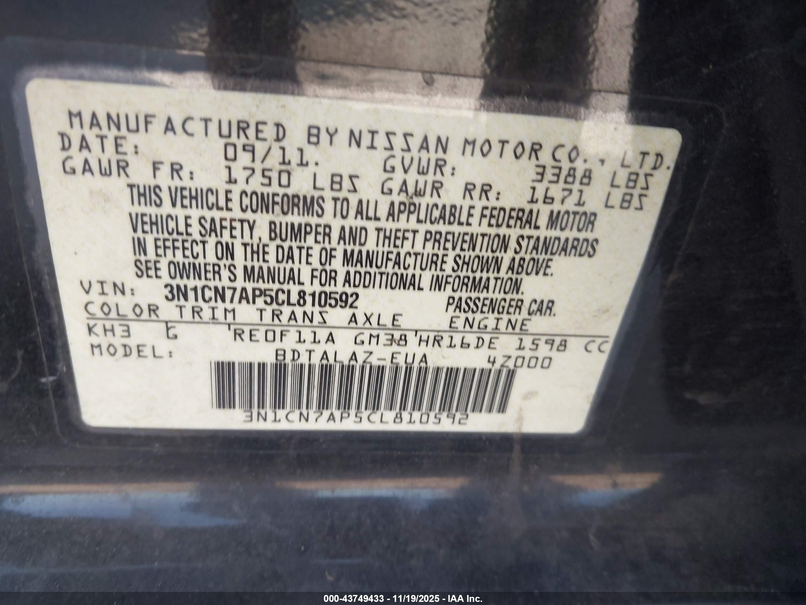 2012 Nissan Versa 1.6 S Black vin: 3N1CN7AP5CL810592