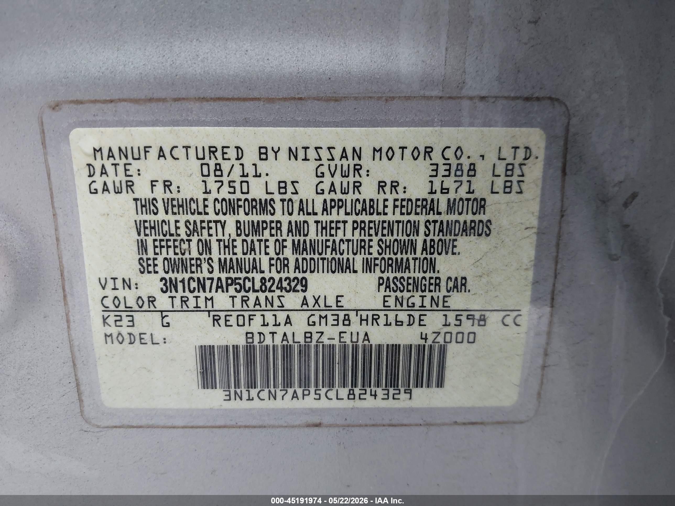 2012 Nissan Versa 1.6 Sv Silver vin: 3N1CN7AP5CL824329