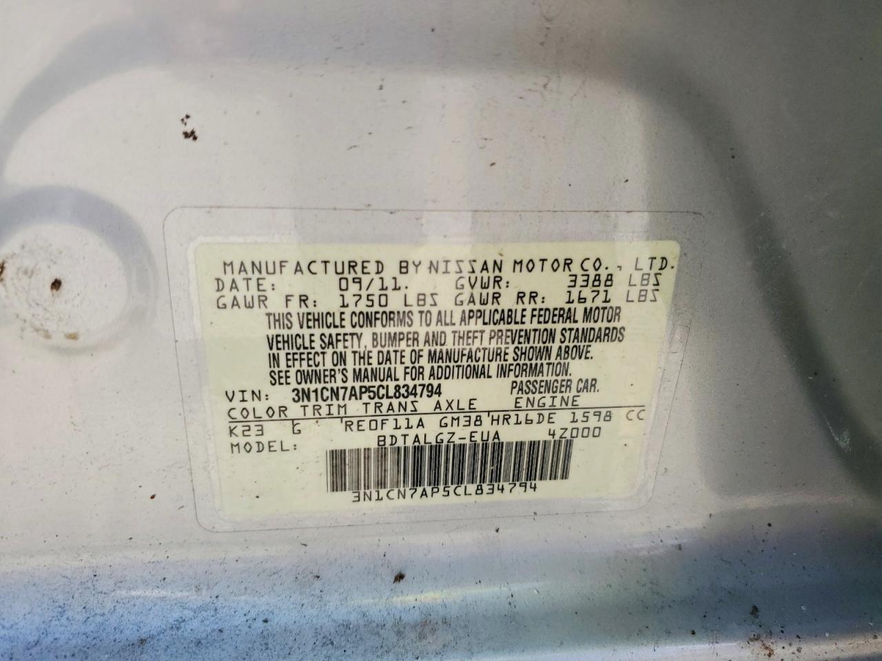 2012 Nissan Versa 1.6 S Silver vin: 3N1CN7AP5CL834794