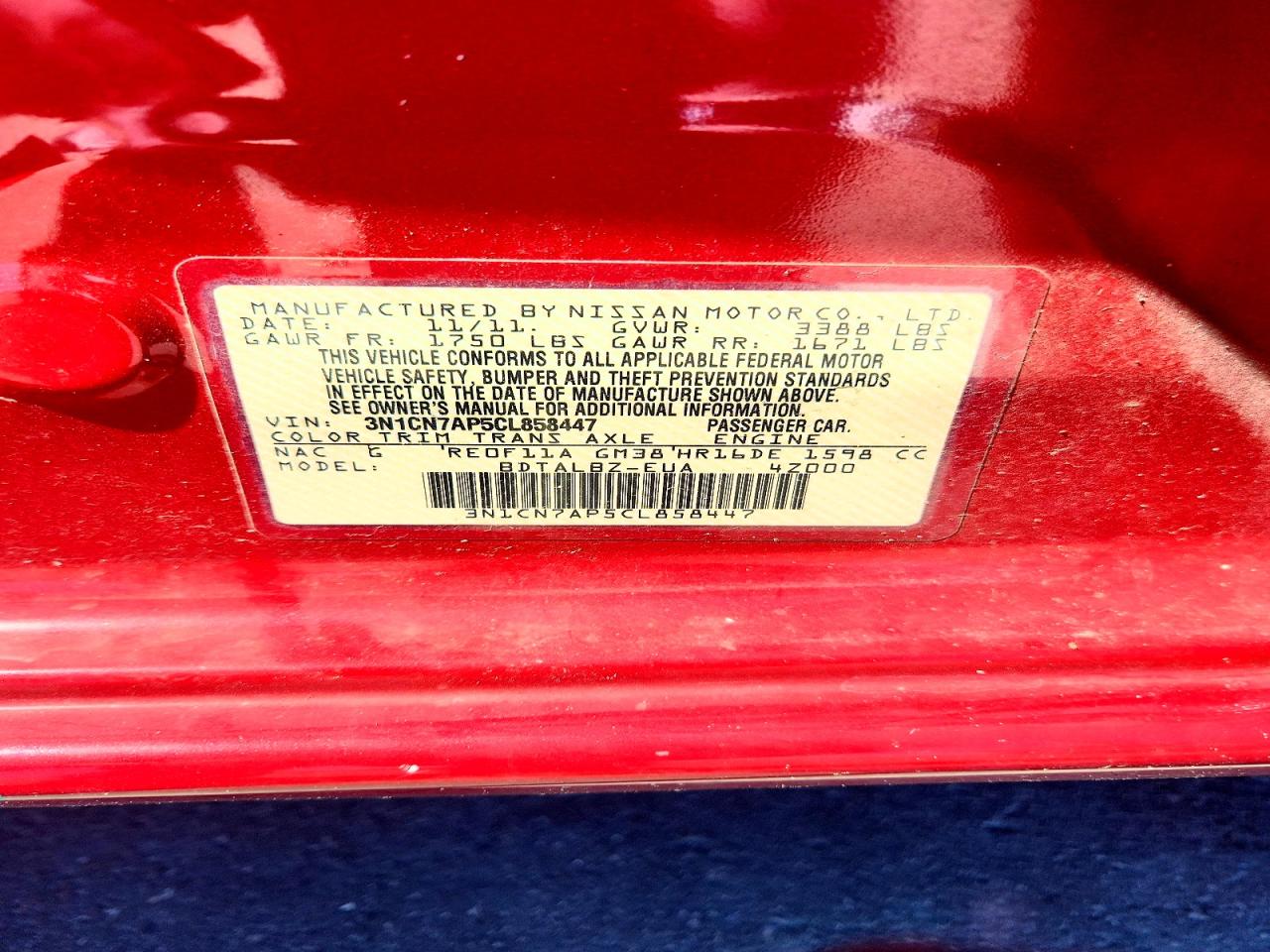 2012 Nissan Versa S/sv/sl Red vin: 3N1CN7AP5CL858447