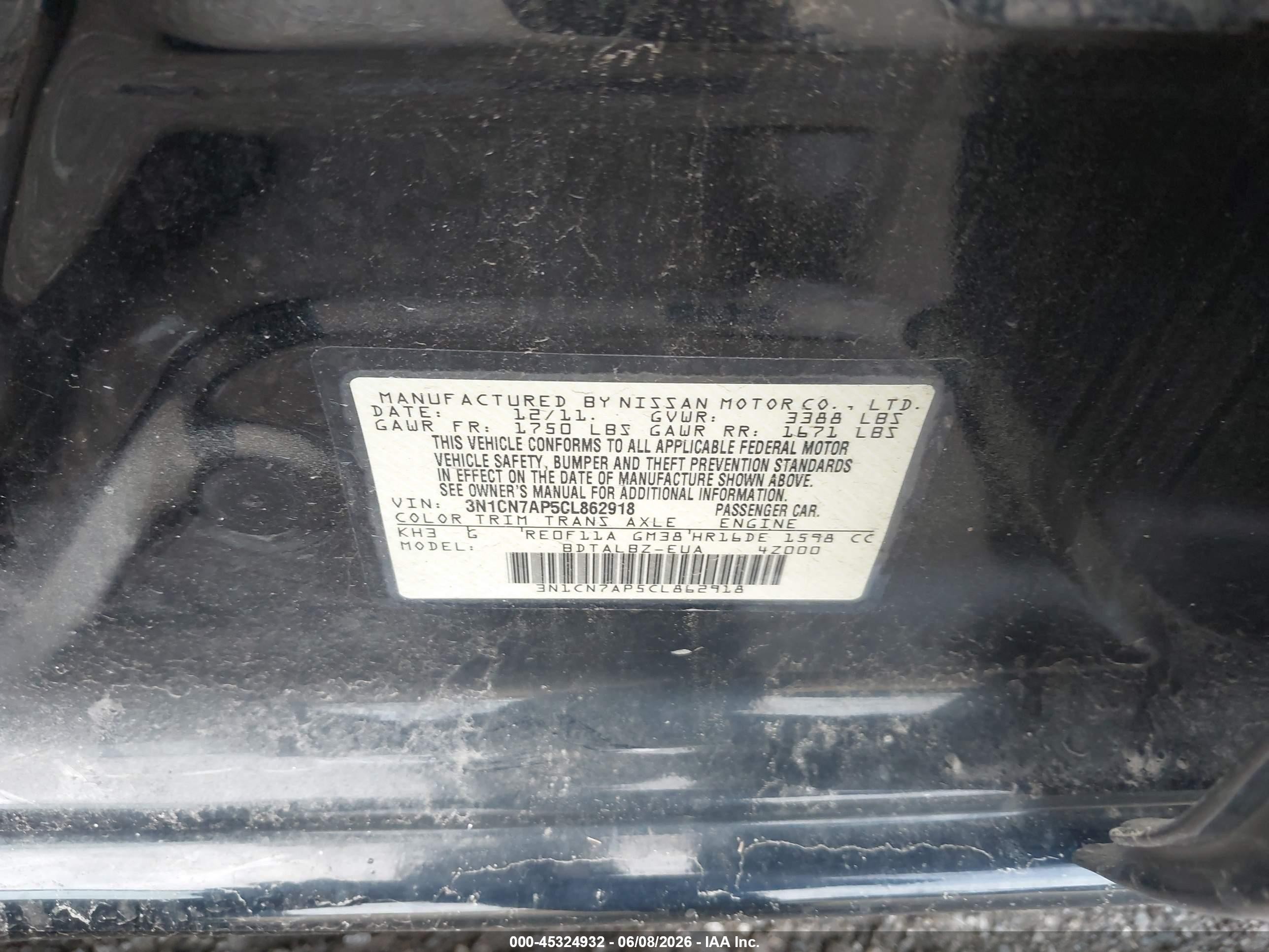 2012 Nissan Versa 1.6 Sv Black vin: 3N1CN7AP5CL862918