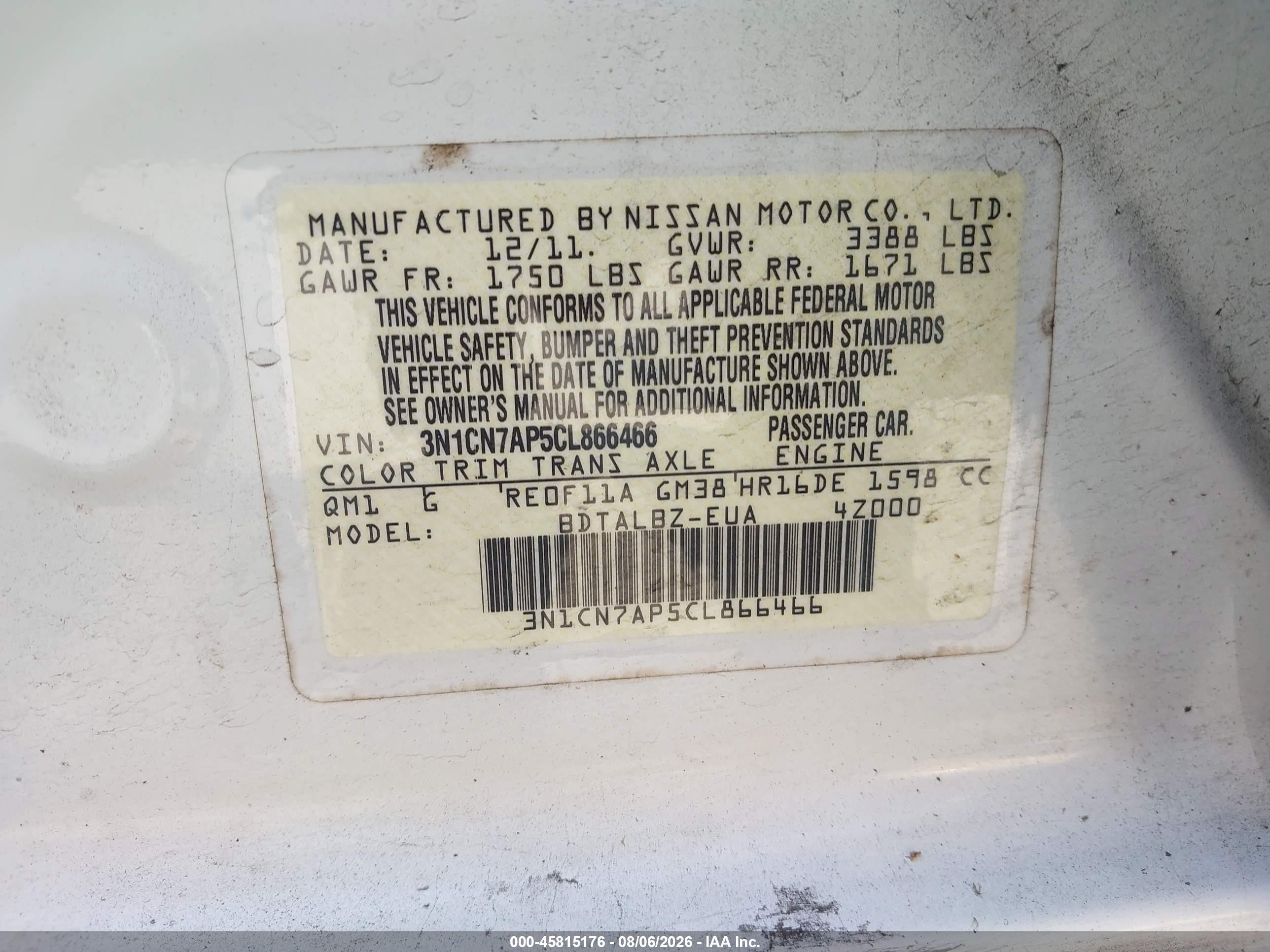2012 Nissan Versa 1.6 Sv White vin: 3N1CN7AP5CL866466