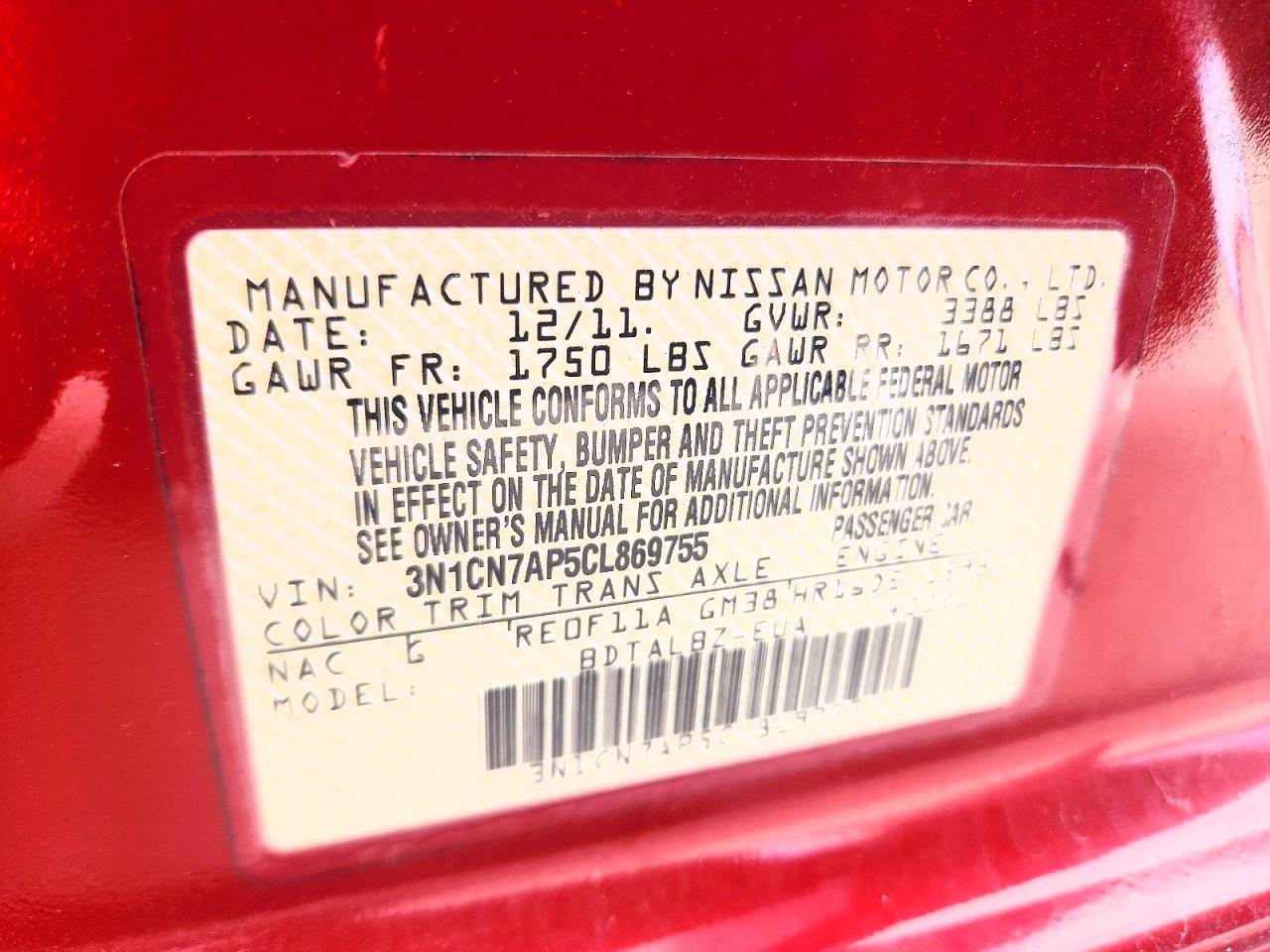 2012 Nissan Versa 1.6 S Burgundy vin: 3N1CN7AP5CL869755