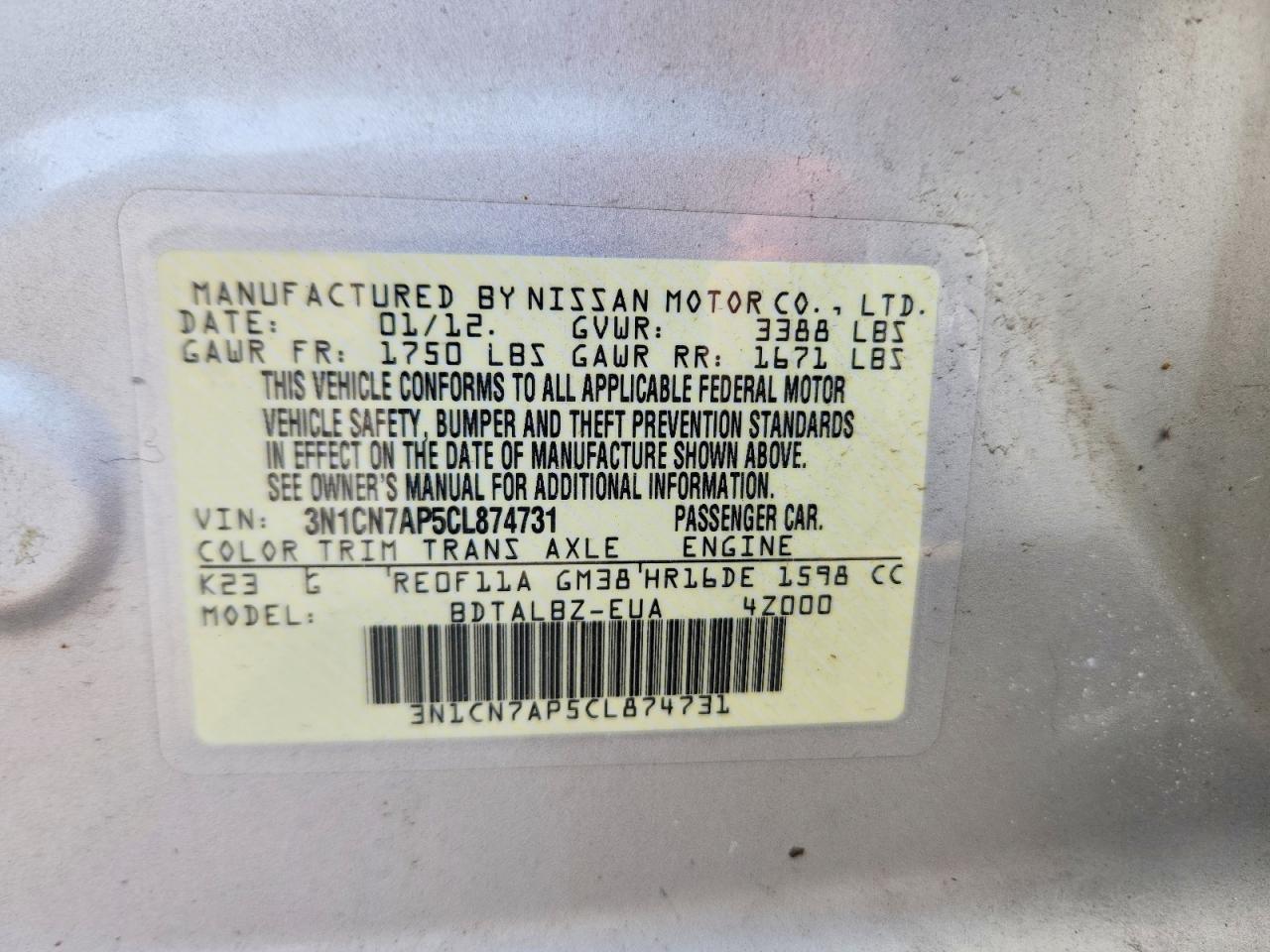 2012 Nissan Versa 1.6 S Silver vin: 3N1CN7AP5CL874731