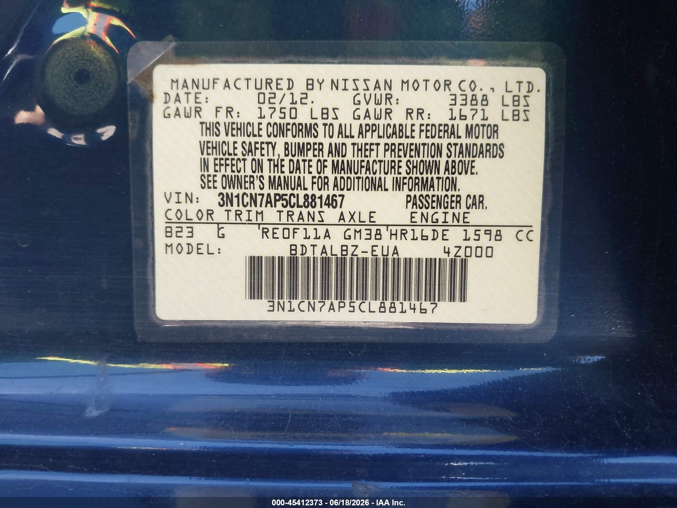 2012 Nissan Versa 1.6 Sv Blue vin: 3N1CN7AP5CL881467