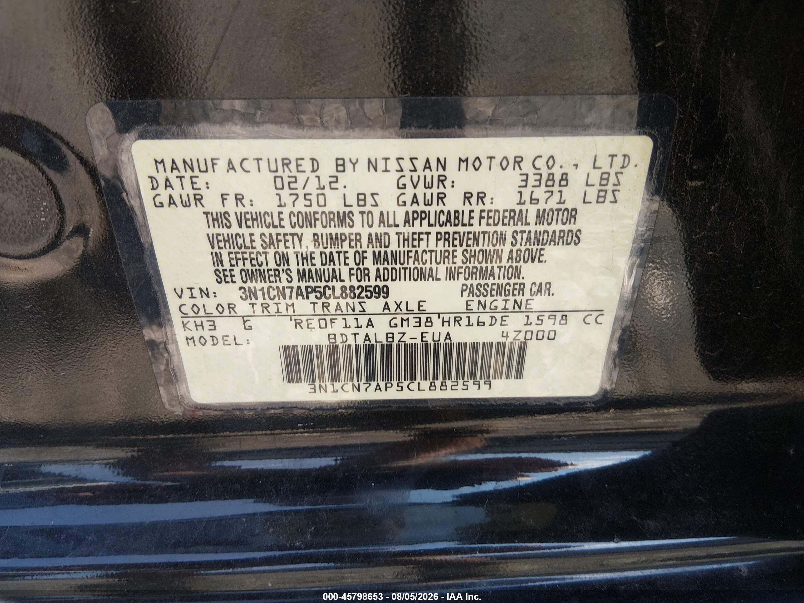 2012 Nissan Versa 1.6 Sv Black vin: 3N1CN7AP5CL882599