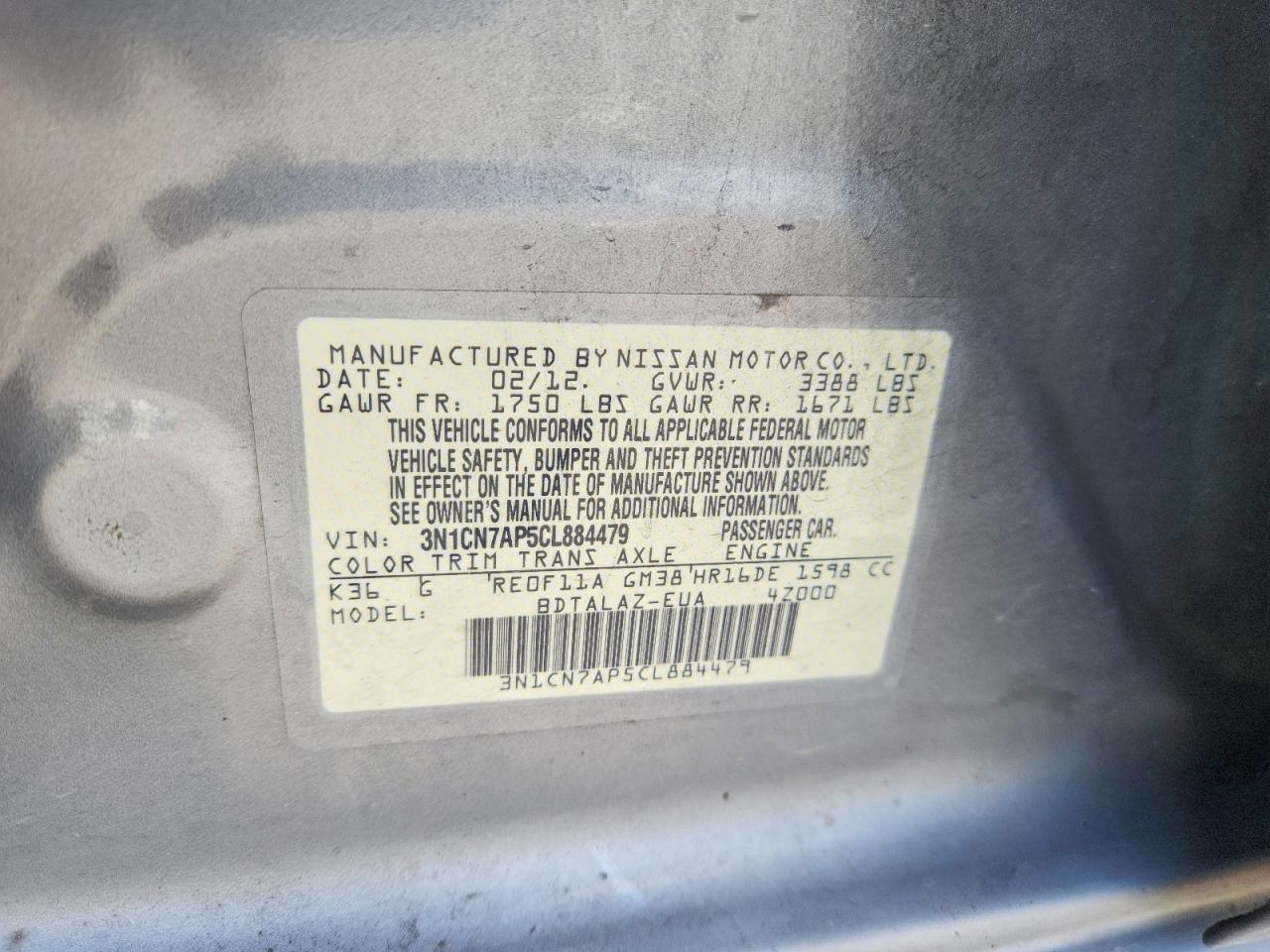 2012 Nissan Versa 1.6 S Silver vin: 3N1CN7AP5CL884479