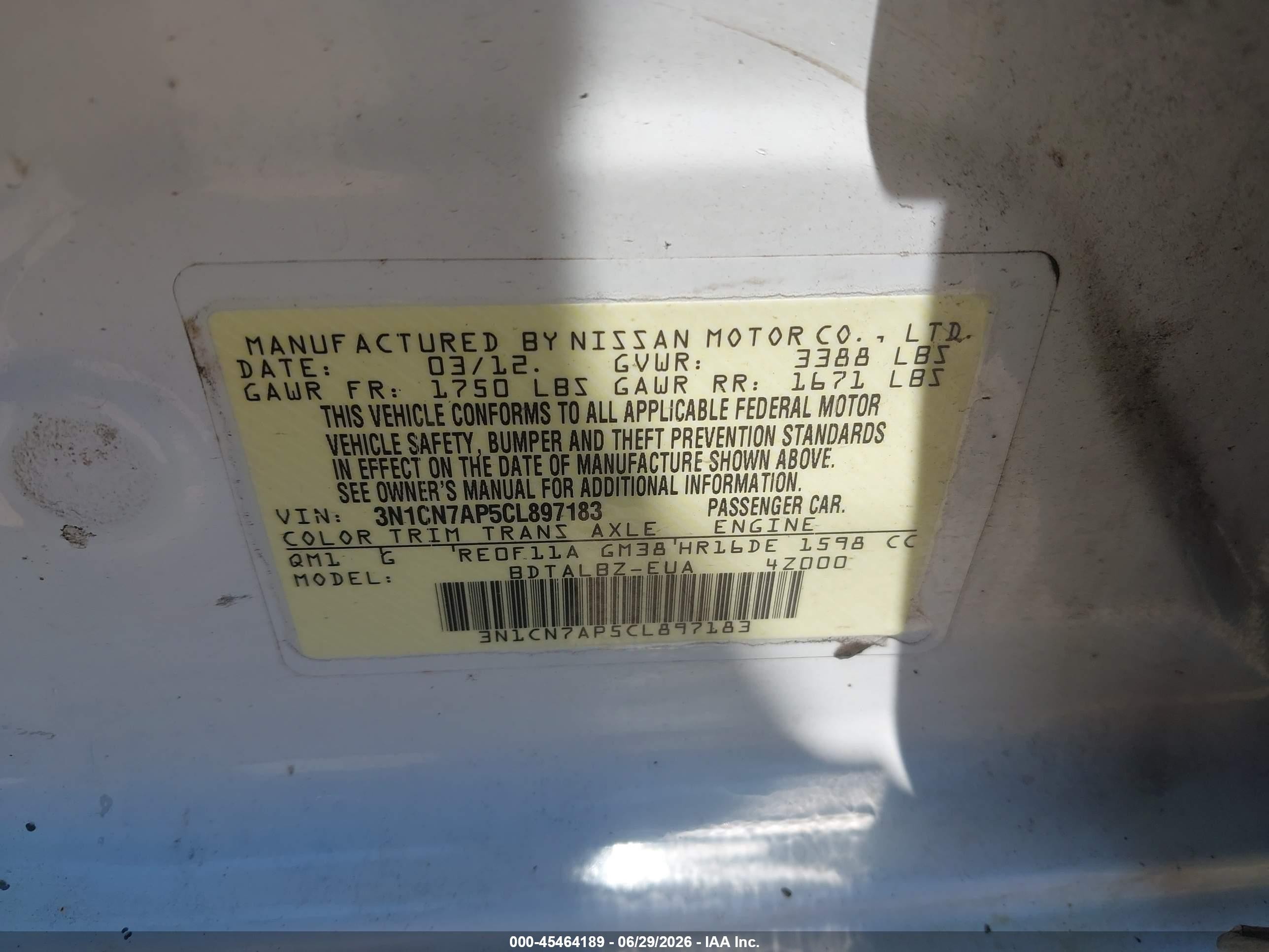 2012 Nissan Versa 1.6 Sv White vin: 3N1CN7AP5CL897183