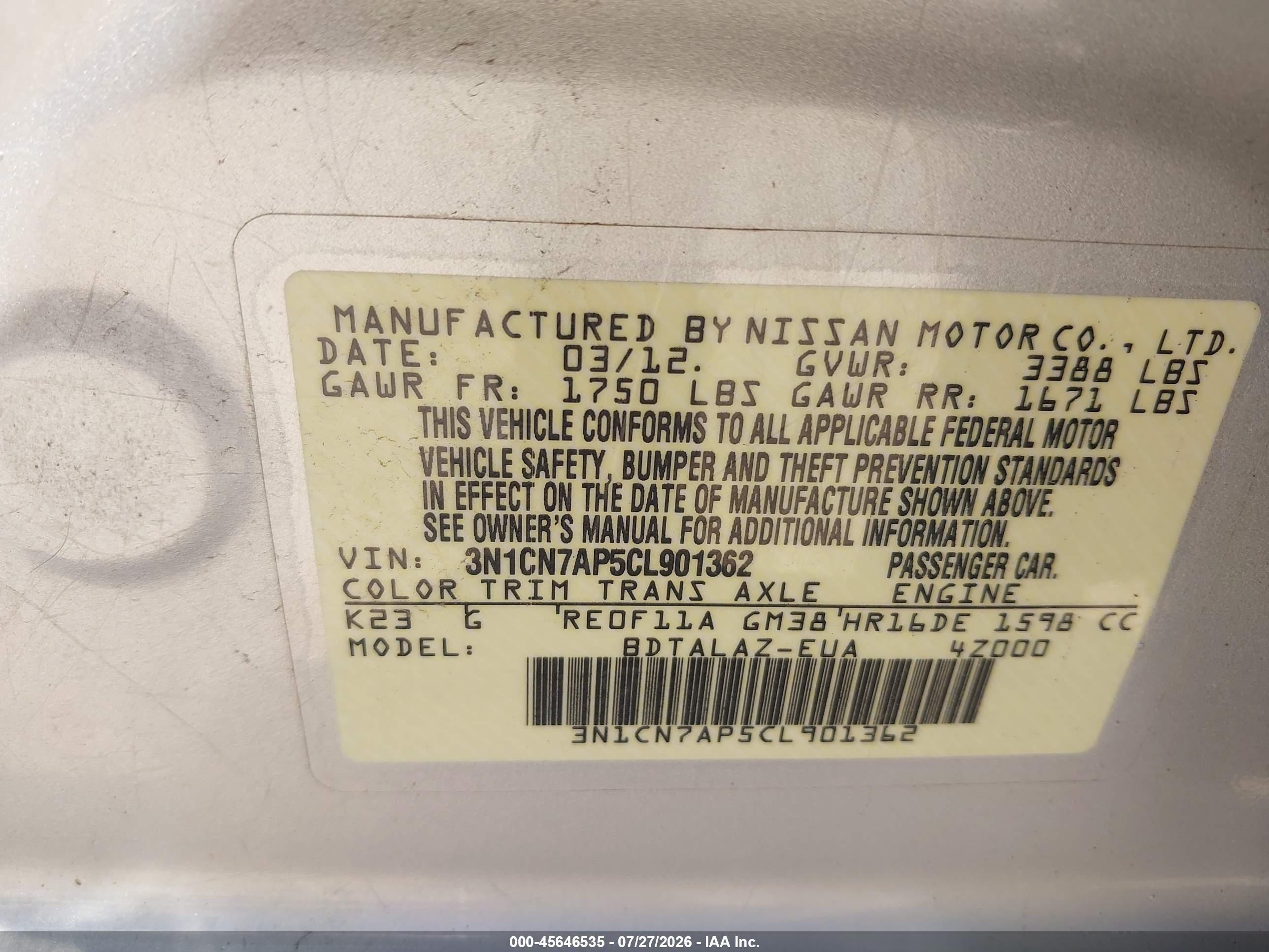 2012 Nissan Versa 1.6 S Silver vin: 3N1CN7AP5CL901362