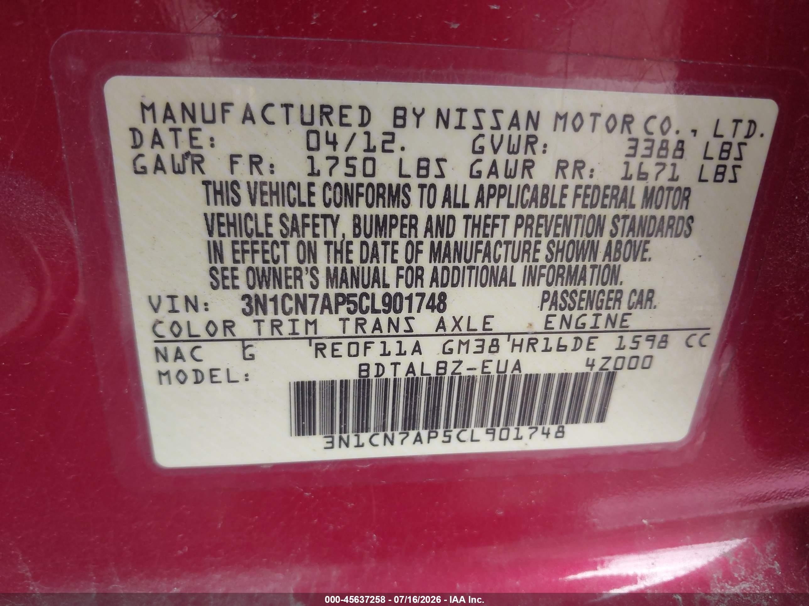2012 Nissan Versa 1.6 Sv Красный vin: 3N1CN7AP5CL901748