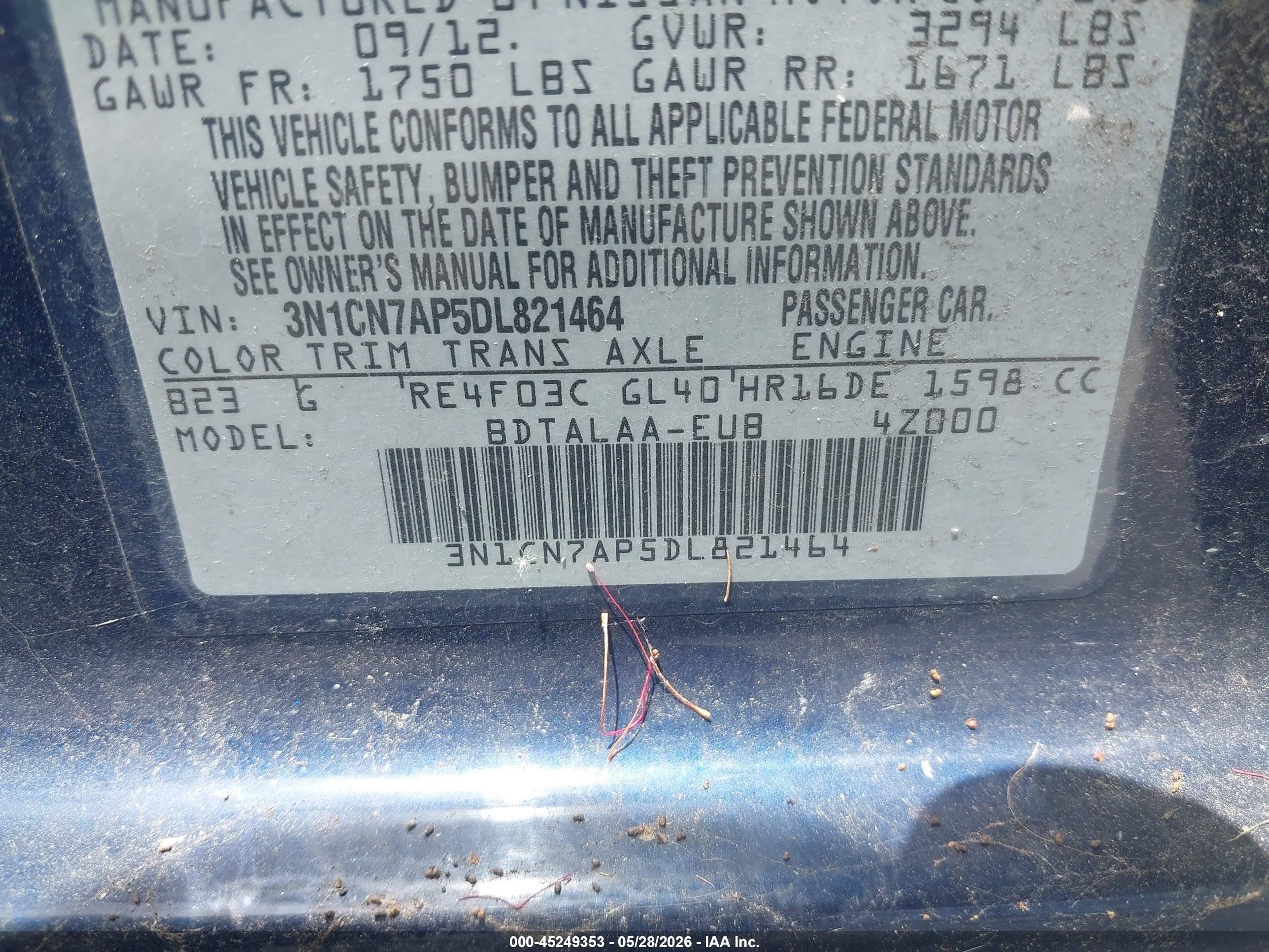 2013 Nissan Versa 1.6 S Blue vin: 3N1CN7AP5DL821464