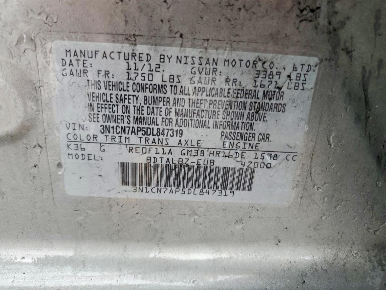 2013 Nissan Versa S/s Plus/sv/sl Gray vin: 3N1CN7AP5DL847319