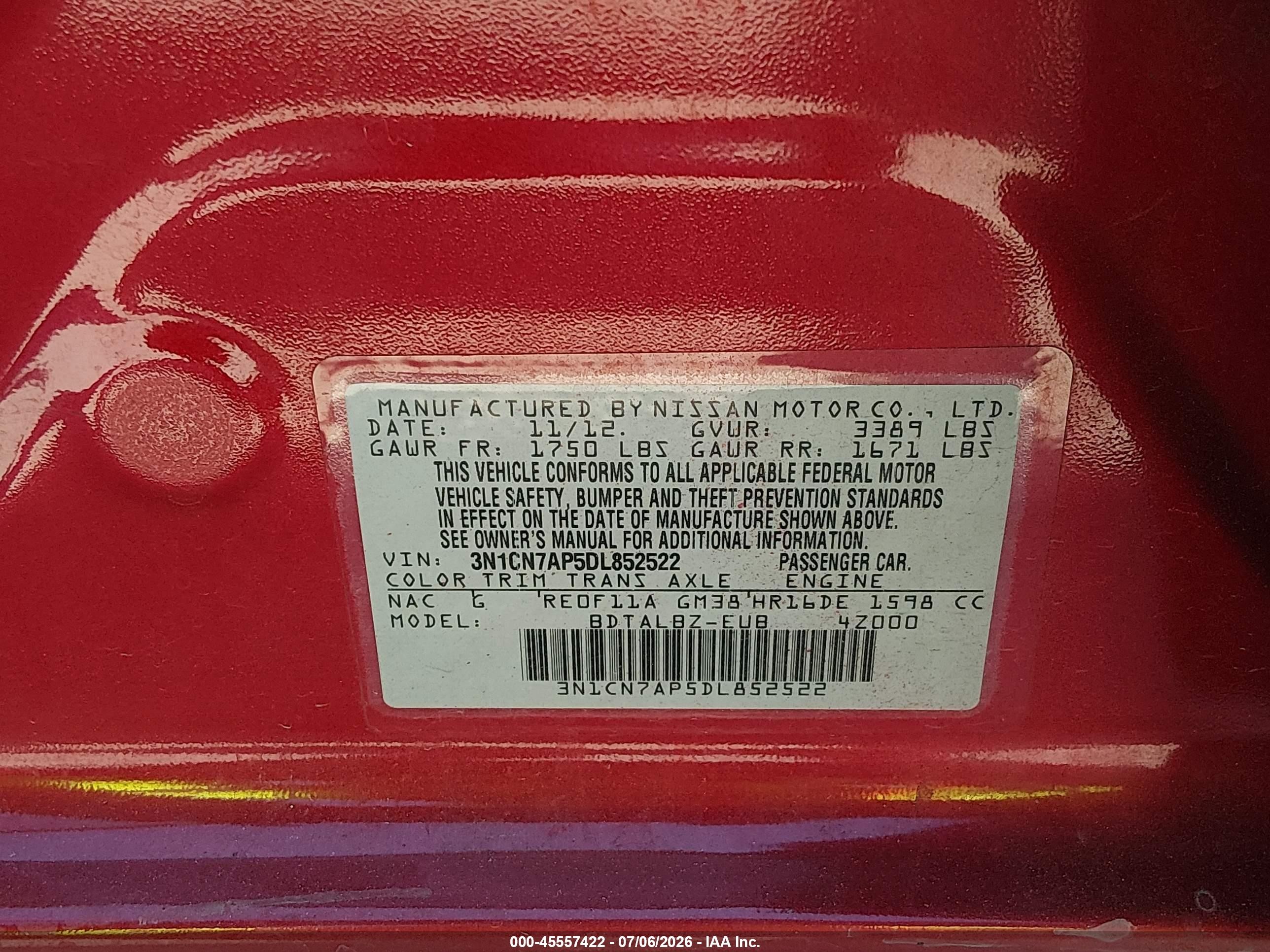 2013 Nissan Versa 1.6 Sv Red vin: 3N1CN7AP5DL852522