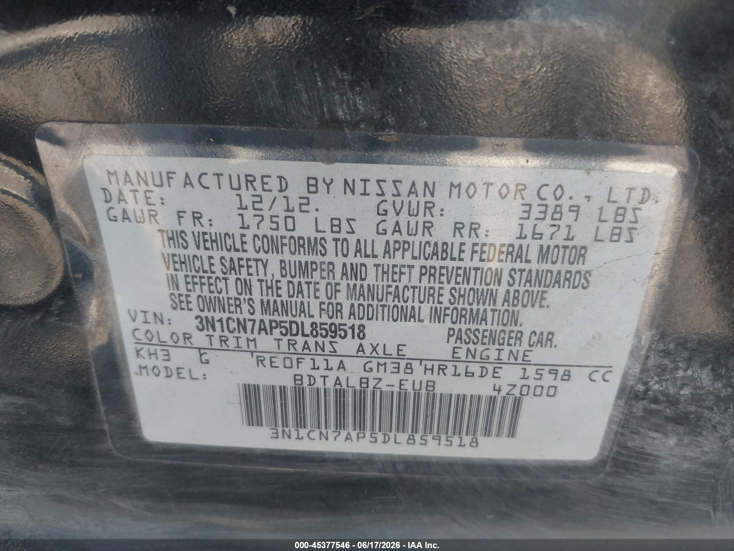2013 Nissan Versa 1.6 Sv Черный vin: 3N1CN7AP5DL859518