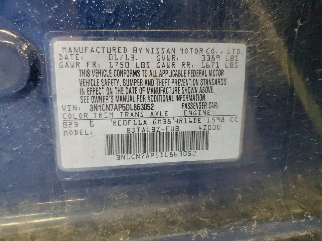 2013 Nissan Versa 1.6 S Blue vin: 3N1CN7AP5DL863052