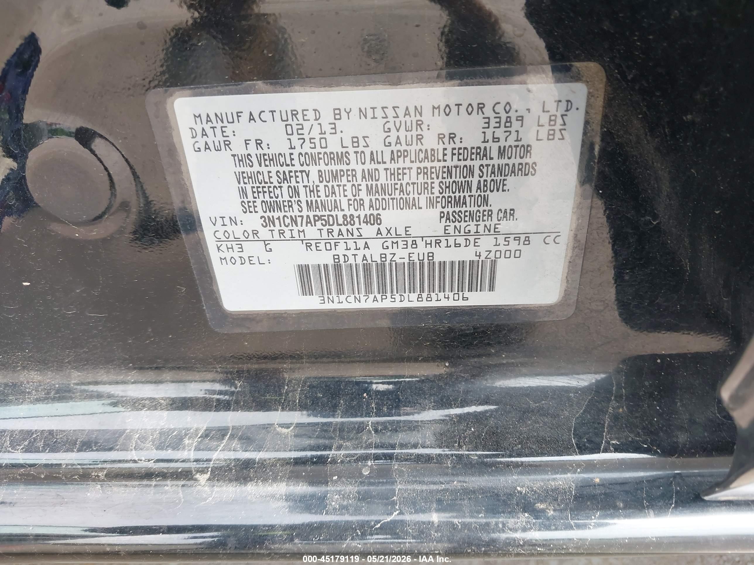 2013 Nissan Versa 1.6 Sv Black vin: 3N1CN7AP5DL881406