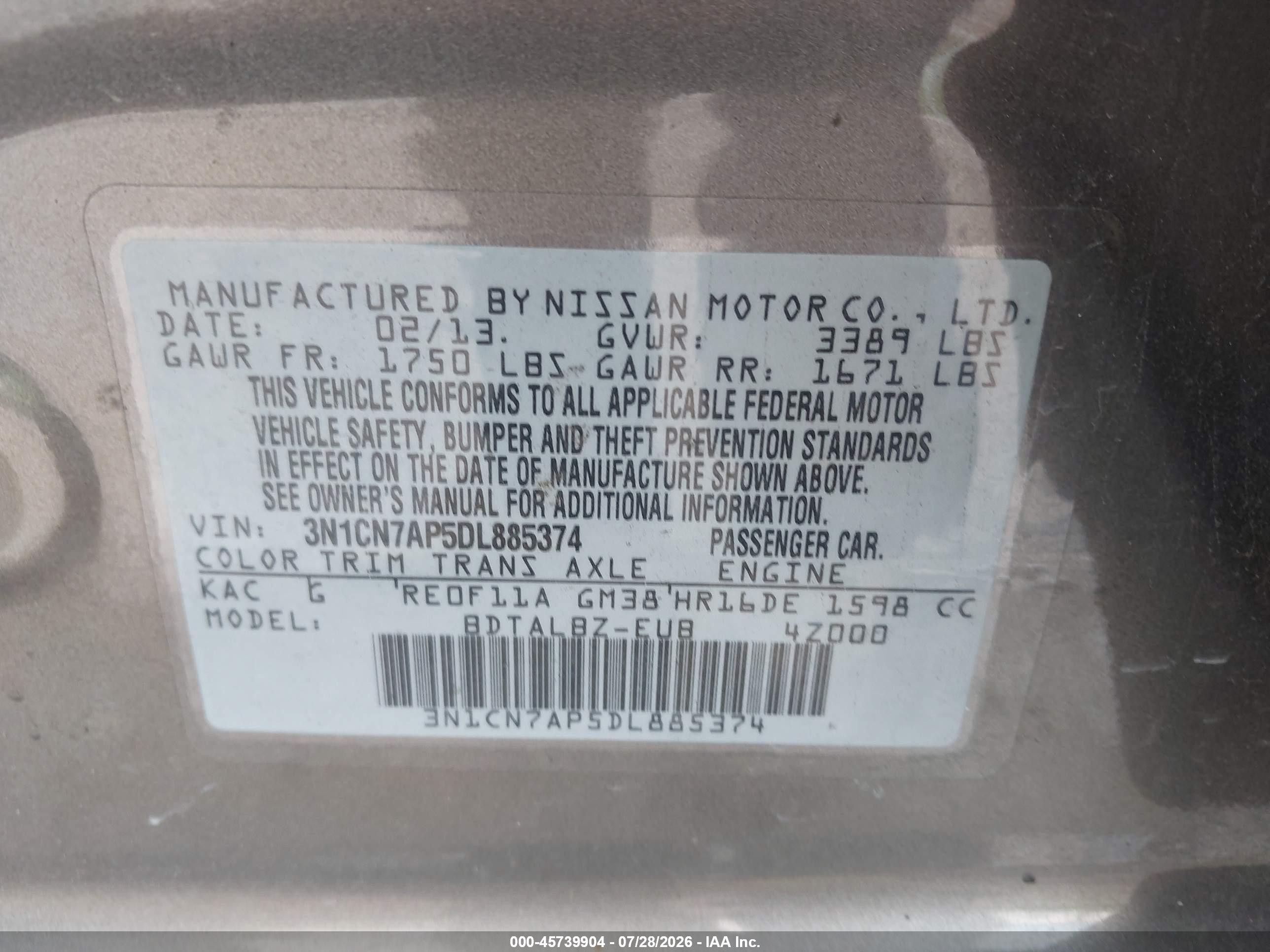 2013 Nissan Versa 1.6 Sv Gray vin: 3N1CN7AP5DL885374