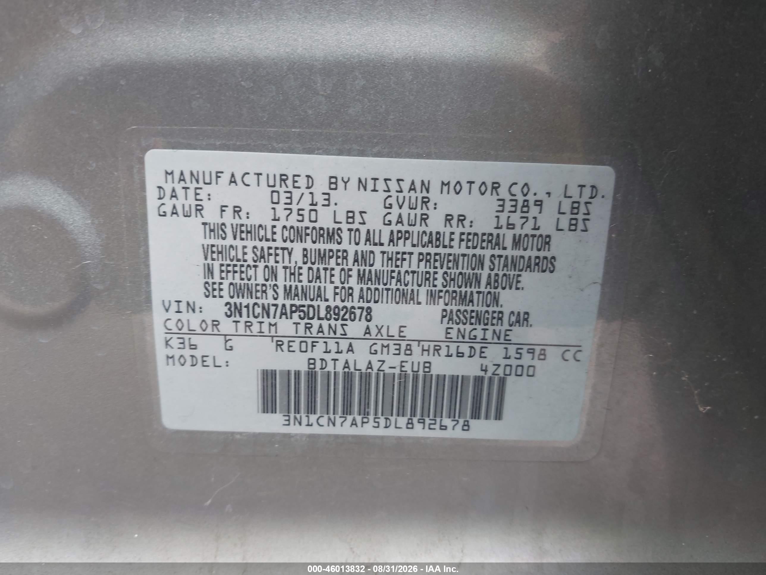 2013 Nissan Versa 1.6 S+ Silver vin: 3N1CN7AP5DL892678