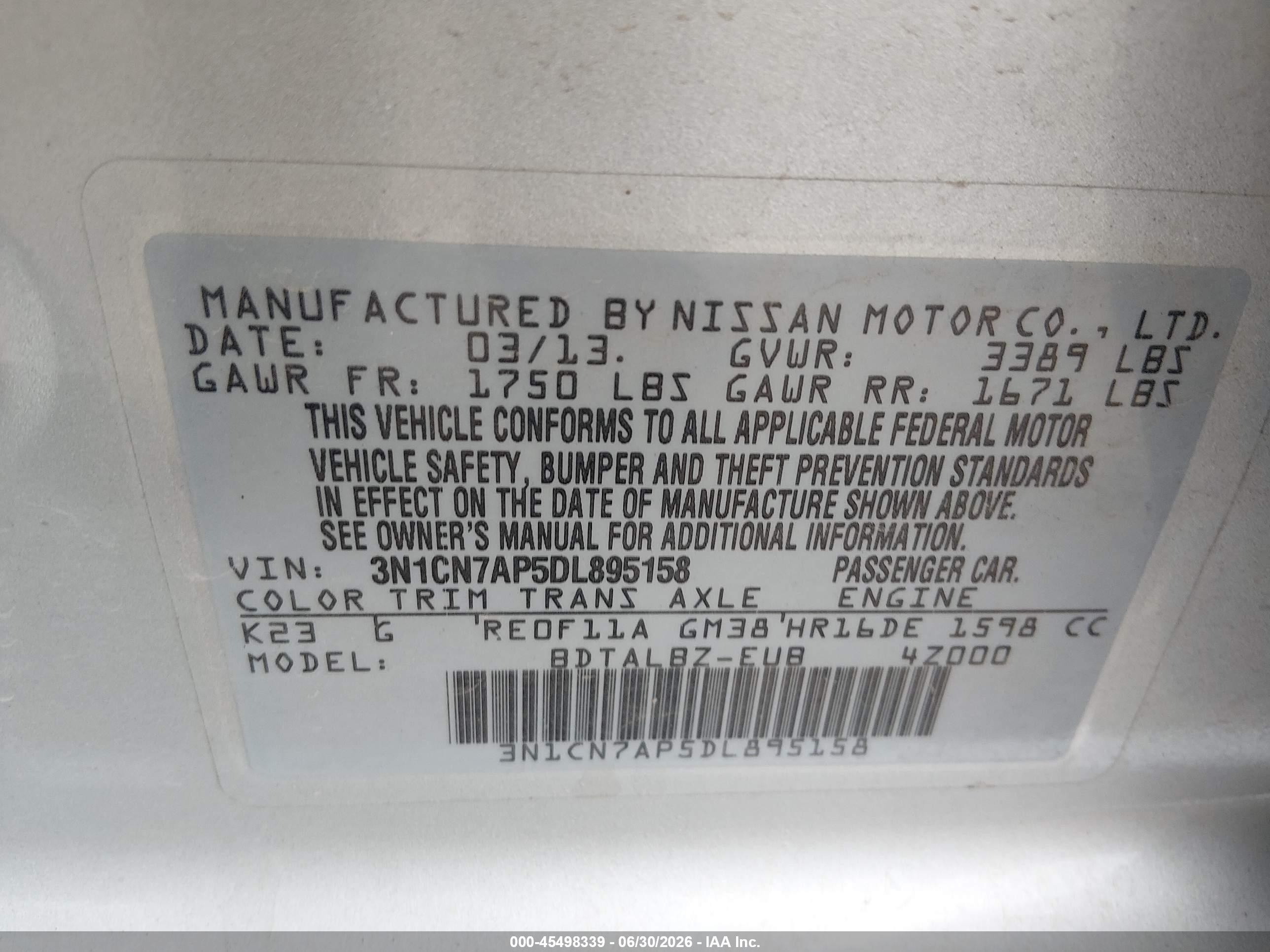 2013 Nissan Versa 1.6 Sv Silver vin: 3N1CN7AP5DL895158
