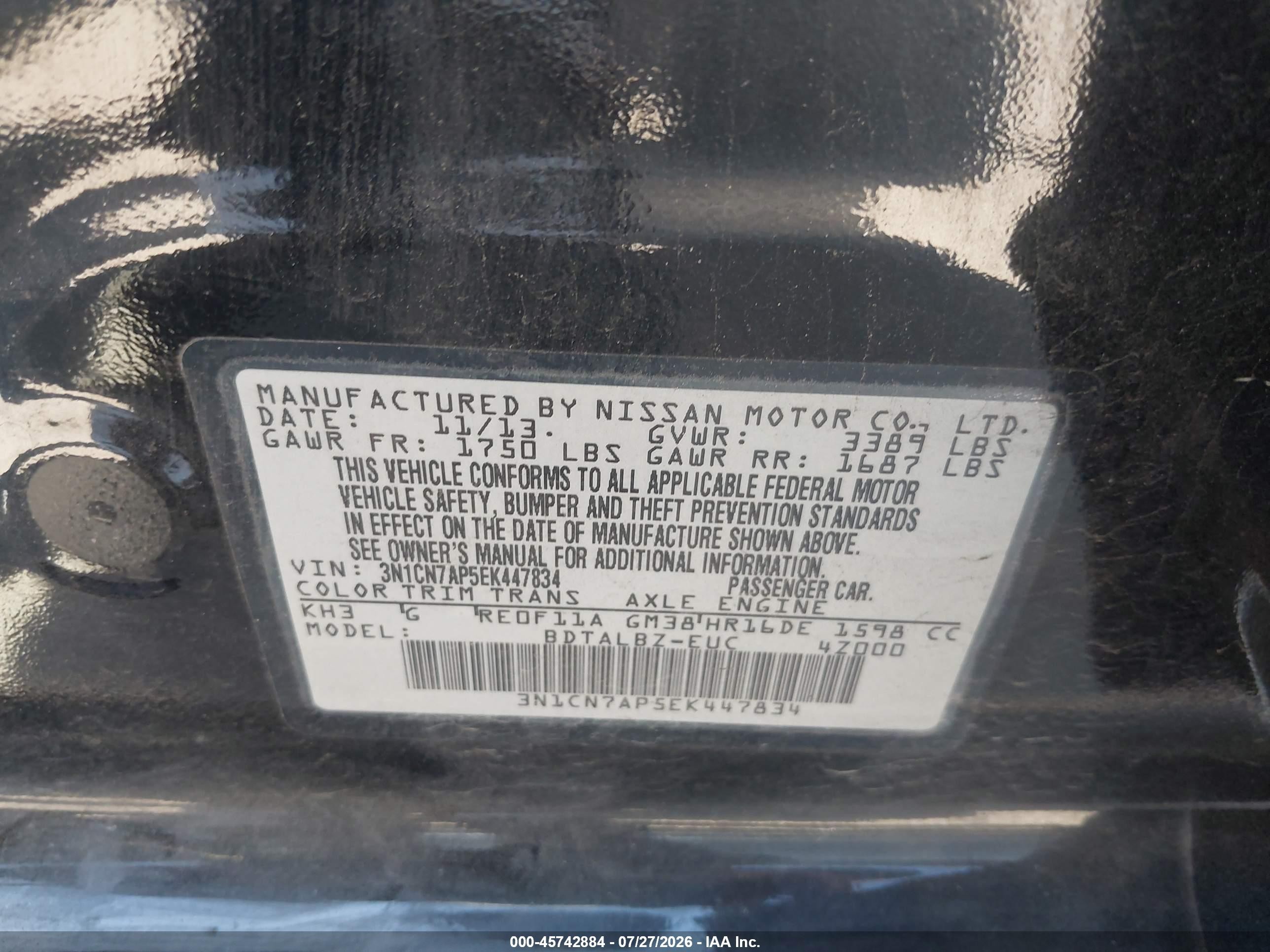 2014 Nissan Versa 1.6 Sv Black vin: 3N1CN7AP5EK447834