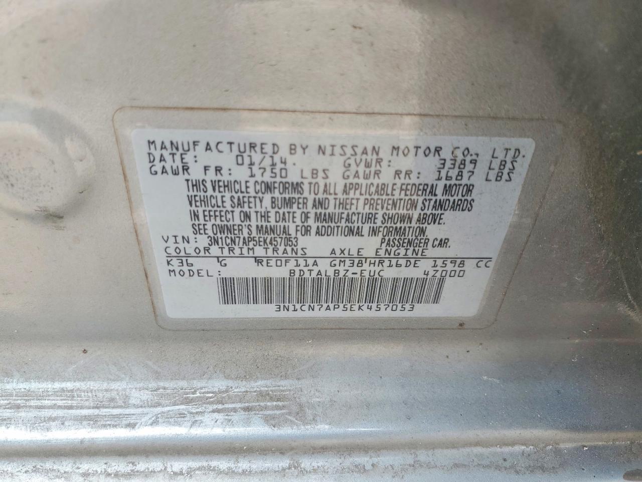 2014 Nissan Versa 1.6 Sv Silver vin: 3N1CN7AP5EK457053