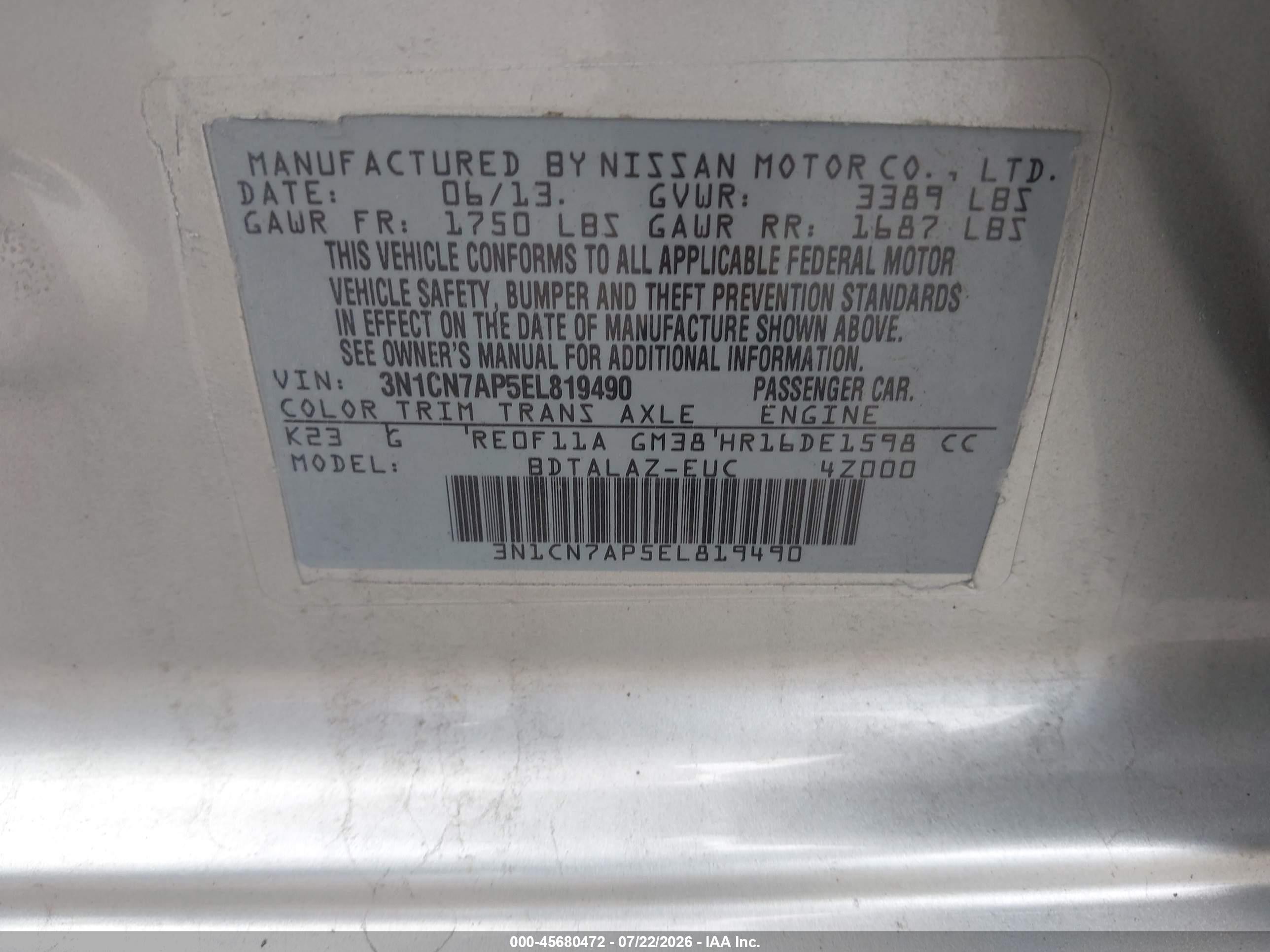 2014 Nissan Versa 1.6 S+ Silver vin: 3N1CN7AP5EL819490