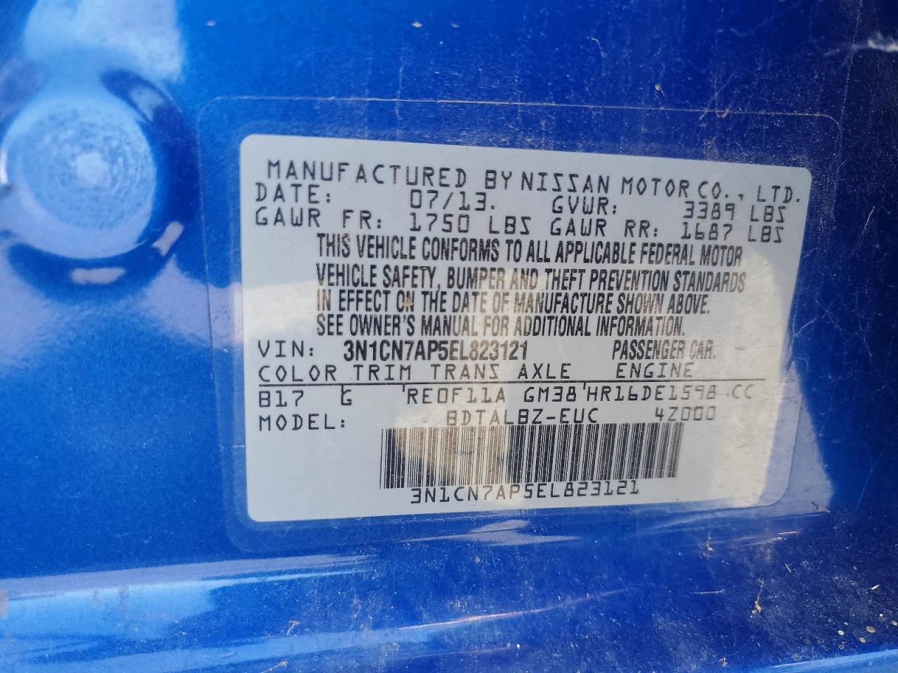 2014 Nissan Versa 1.6 S Blue vin: 3N1CN7AP5EL823121