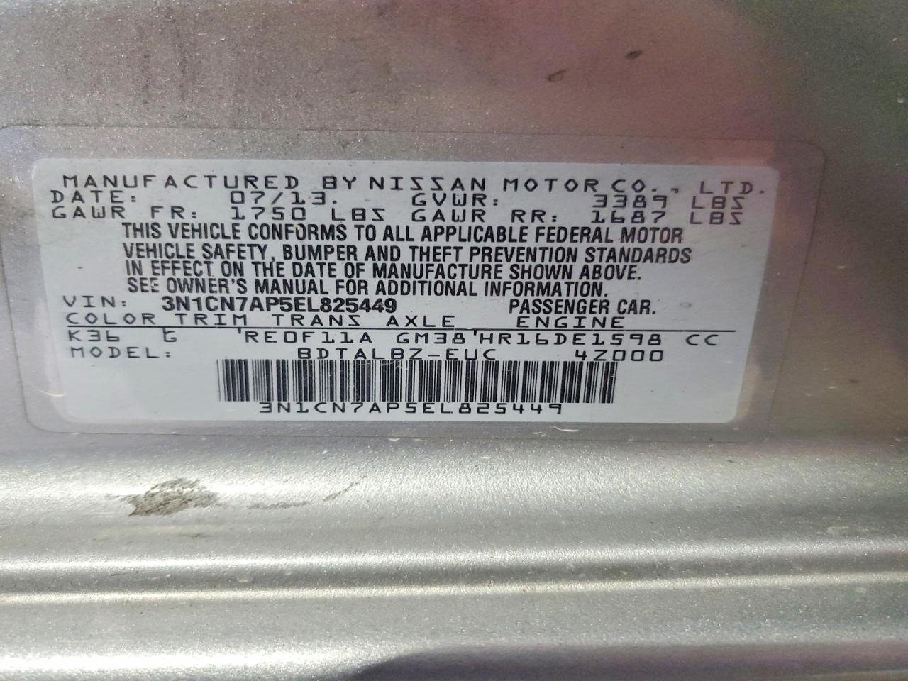 2014 Nissan Versa 1.6 S Gray vin: 3N1CN7AP5EL825449