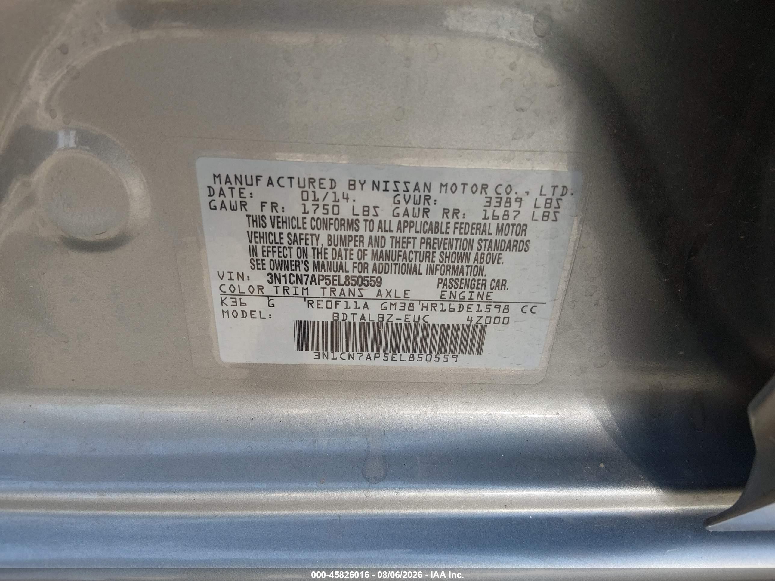 2014 Nissan Versa 1.6 Sv Gray vin: 3N1CN7AP5EL850559