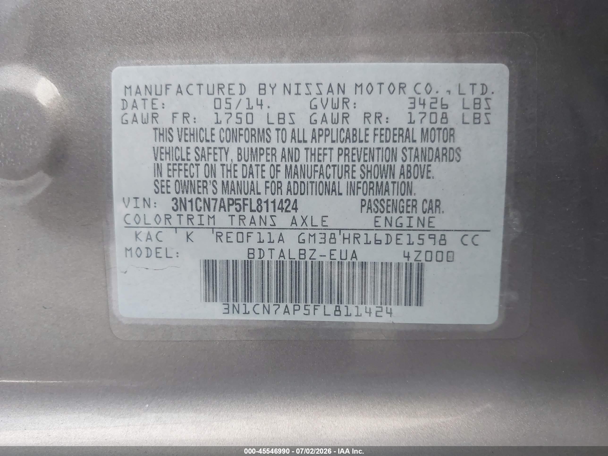 2015 Nissan Versa 1.6 S/1.6 S+/1.6 Sl/1.6 Sv Серый vin: 3N1CN7AP5FL811424