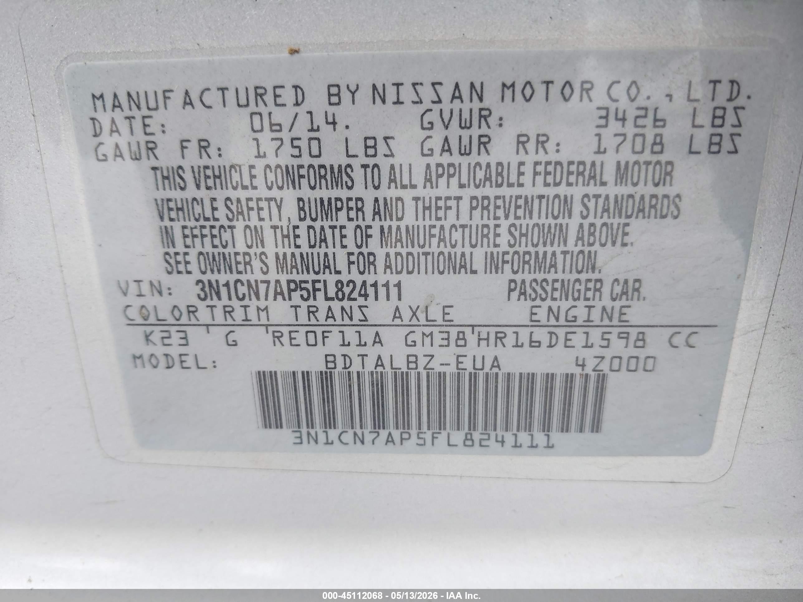 2015 Nissan Versa 1.6 Sv Silver vin: 3N1CN7AP5FL824111