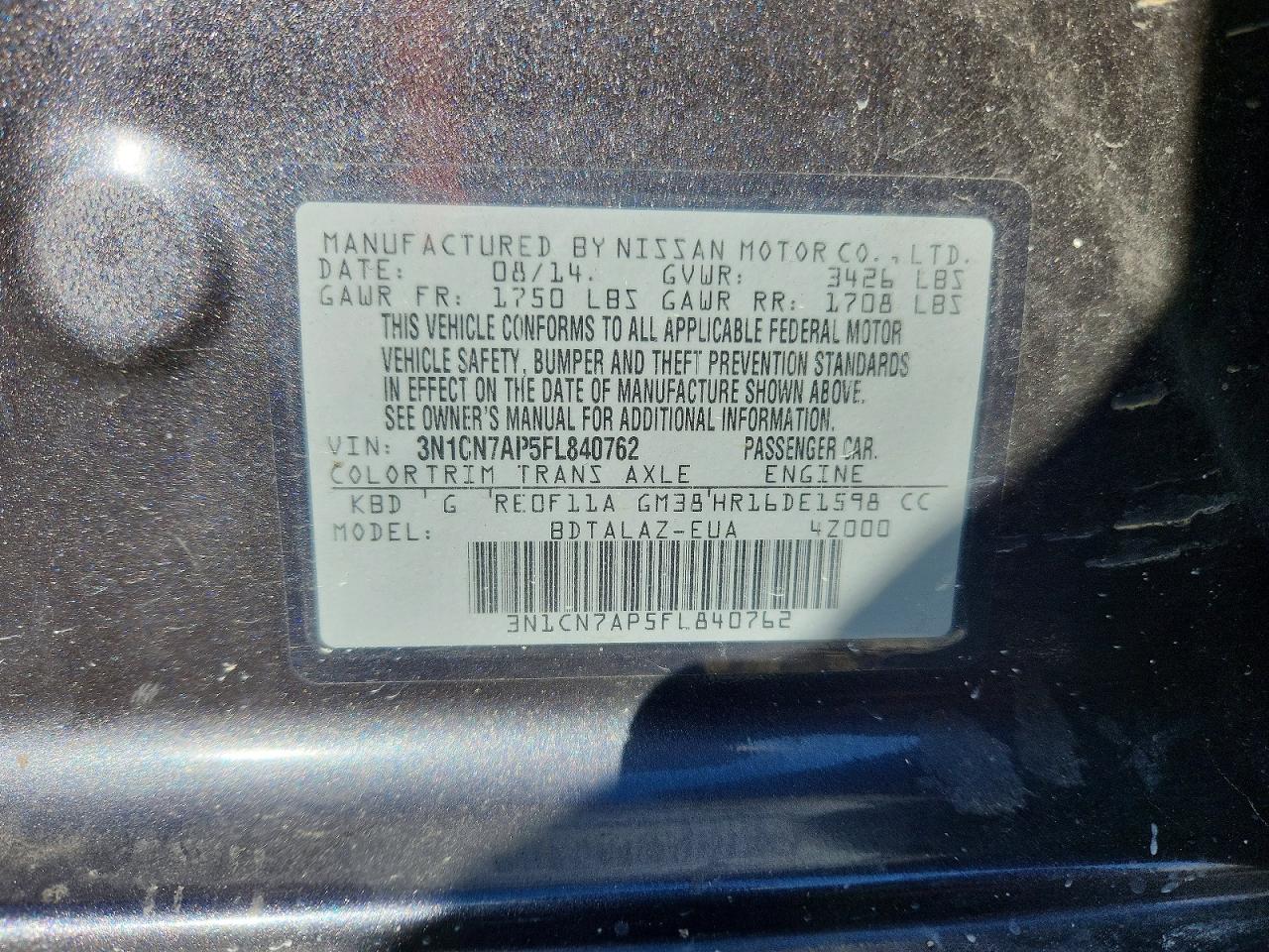 2015 Nissan Versa 1.6 S Plus Charcoal vin: 3N1CN7AP5FL840762