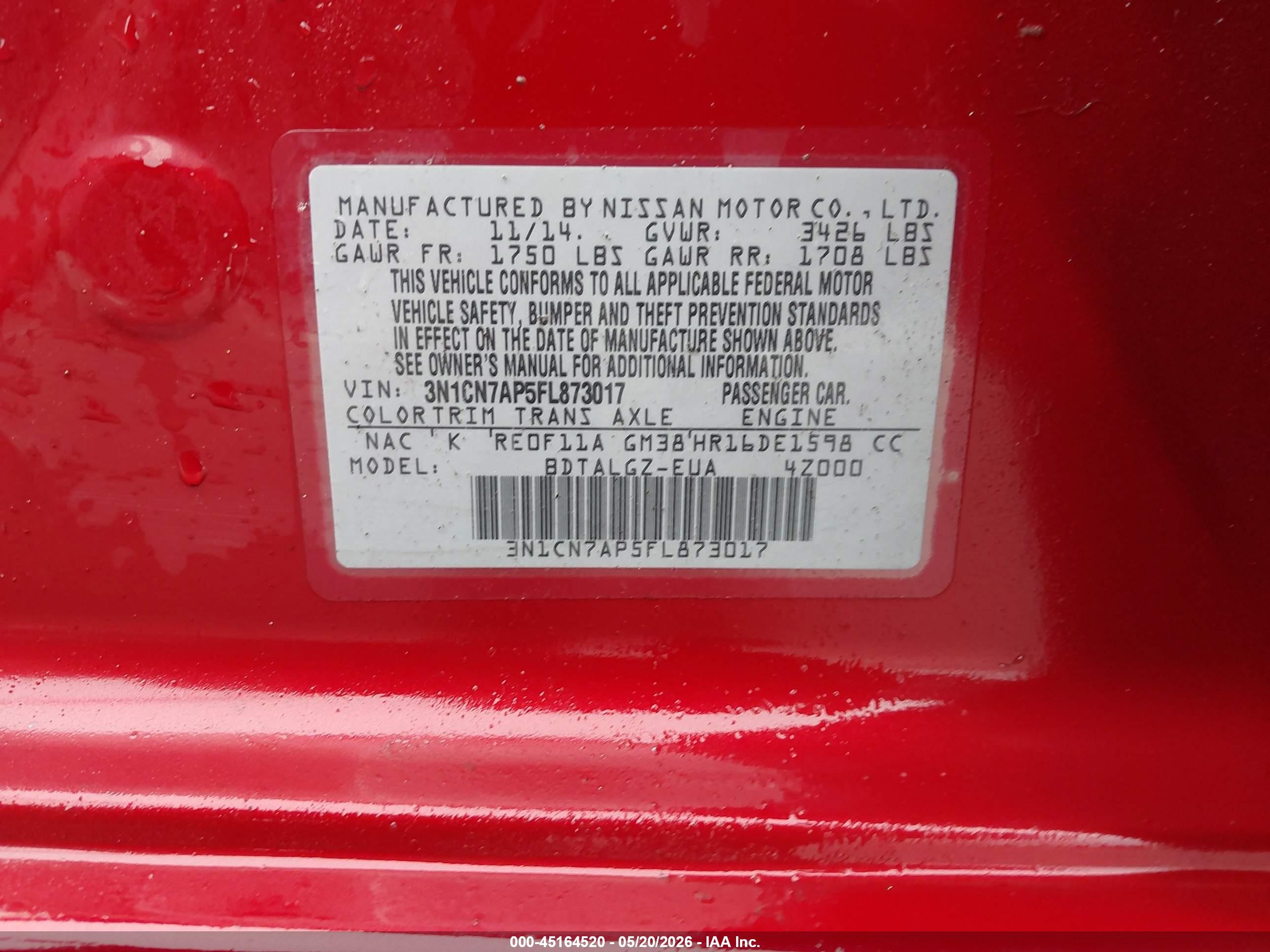 2015 Nissan Versa 1.6 Sl Red vin: 3N1CN7AP5FL873017