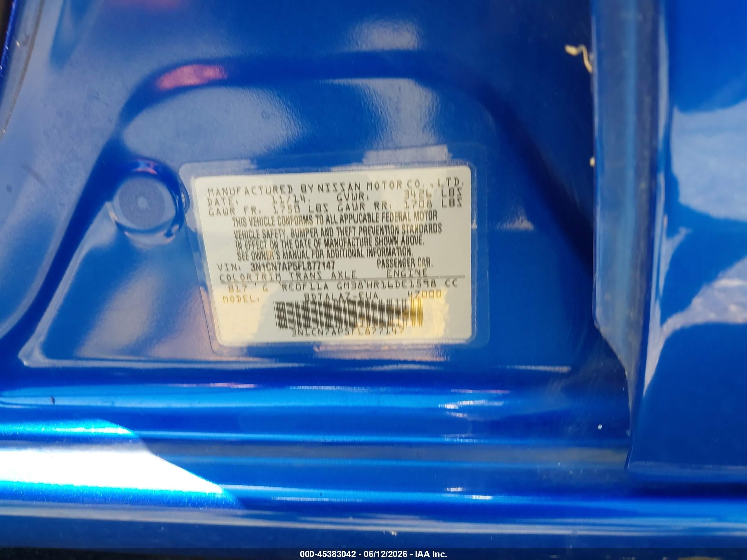 2015 Nissan Versa 1.6 S+ Blue vin: 3N1CN7AP5FL877147