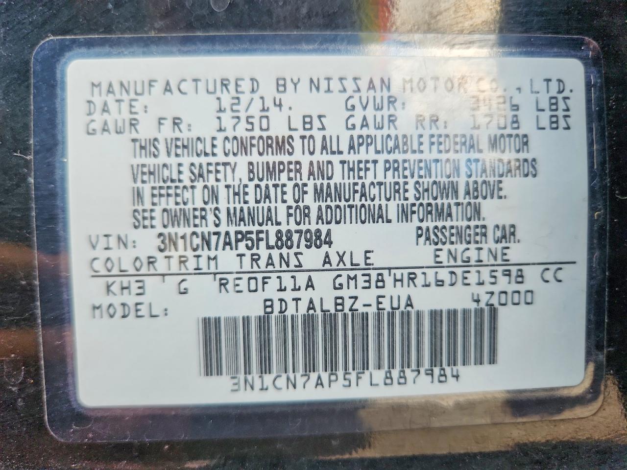 2015 Nissan Versa 1.6 Sv Black vin: 3N1CN7AP5FL887984