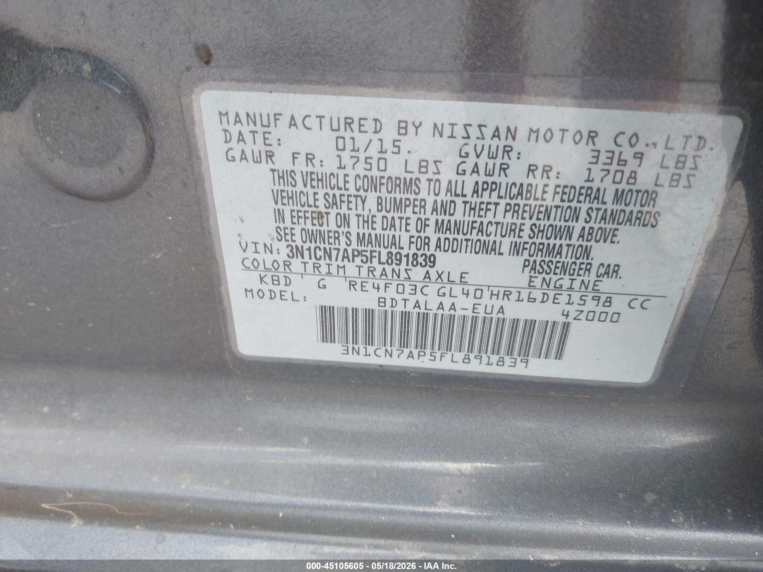2015 Nissan Versa 1.6 S Gray vin: 3N1CN7AP5FL891839