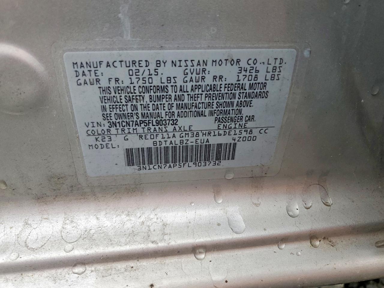 2015 Nissan Versa 1.6 Sv Серебряный vin: 3N1CN7AP5FL903732