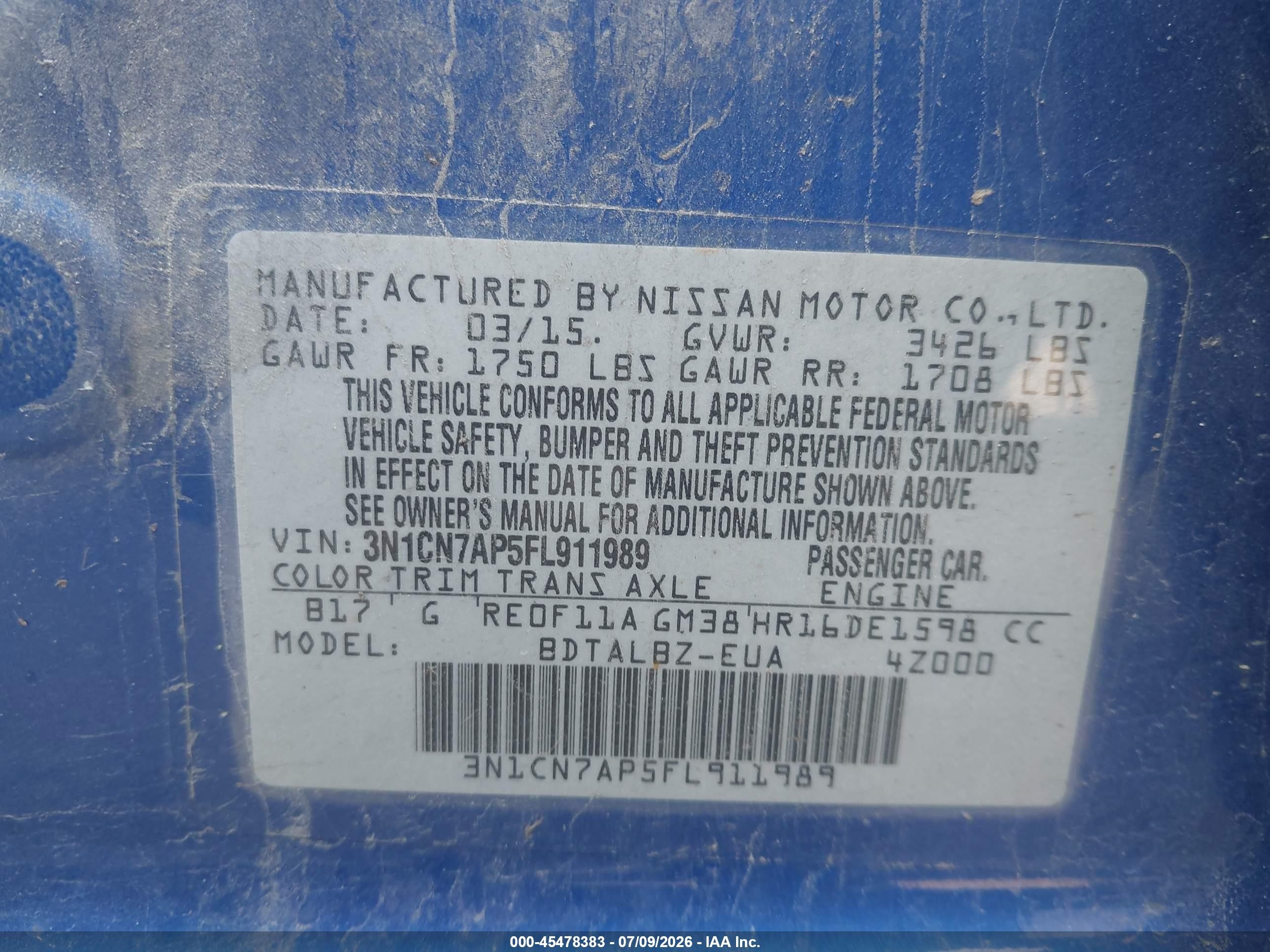 2015 Nissan Versa 1.6 Sv Синий vin: 3N1CN7AP5FL911989