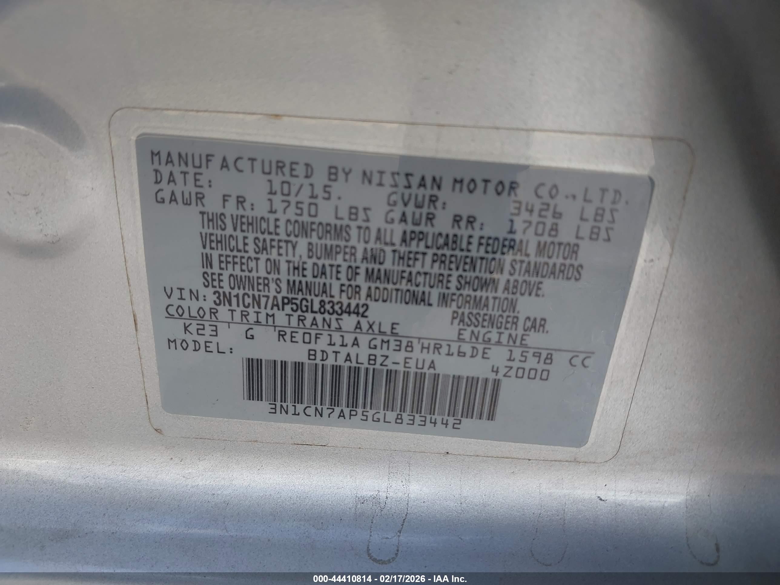 2016 Nissan Versa 1.6 S/1.6 S+/1.6 Sl/1.6 Sv Silver vin: 3N1CN7AP5GL833442