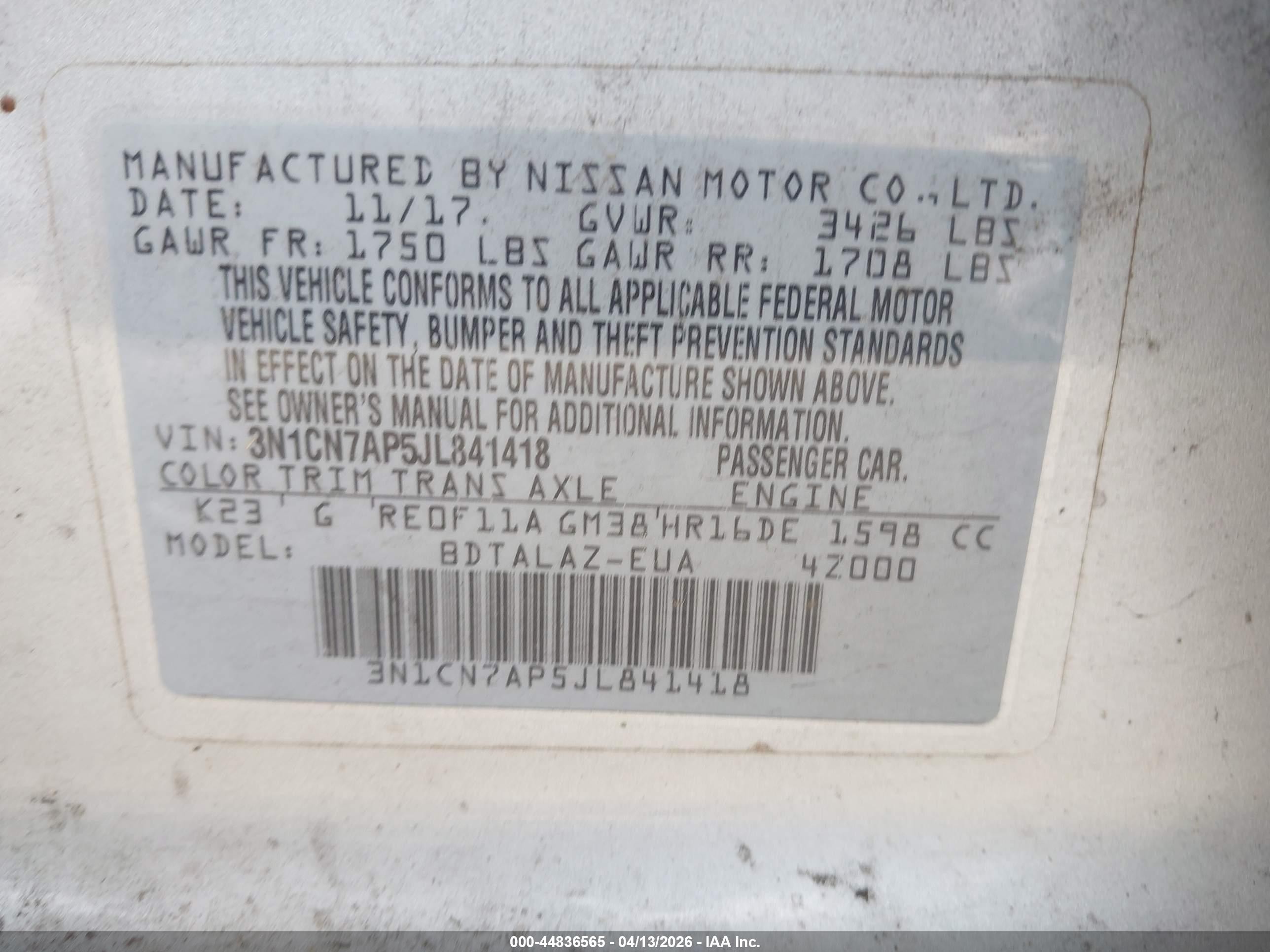 2018 Nissan Versa 1.6 S+ Silver vin: 3N1CN7AP5JL841418