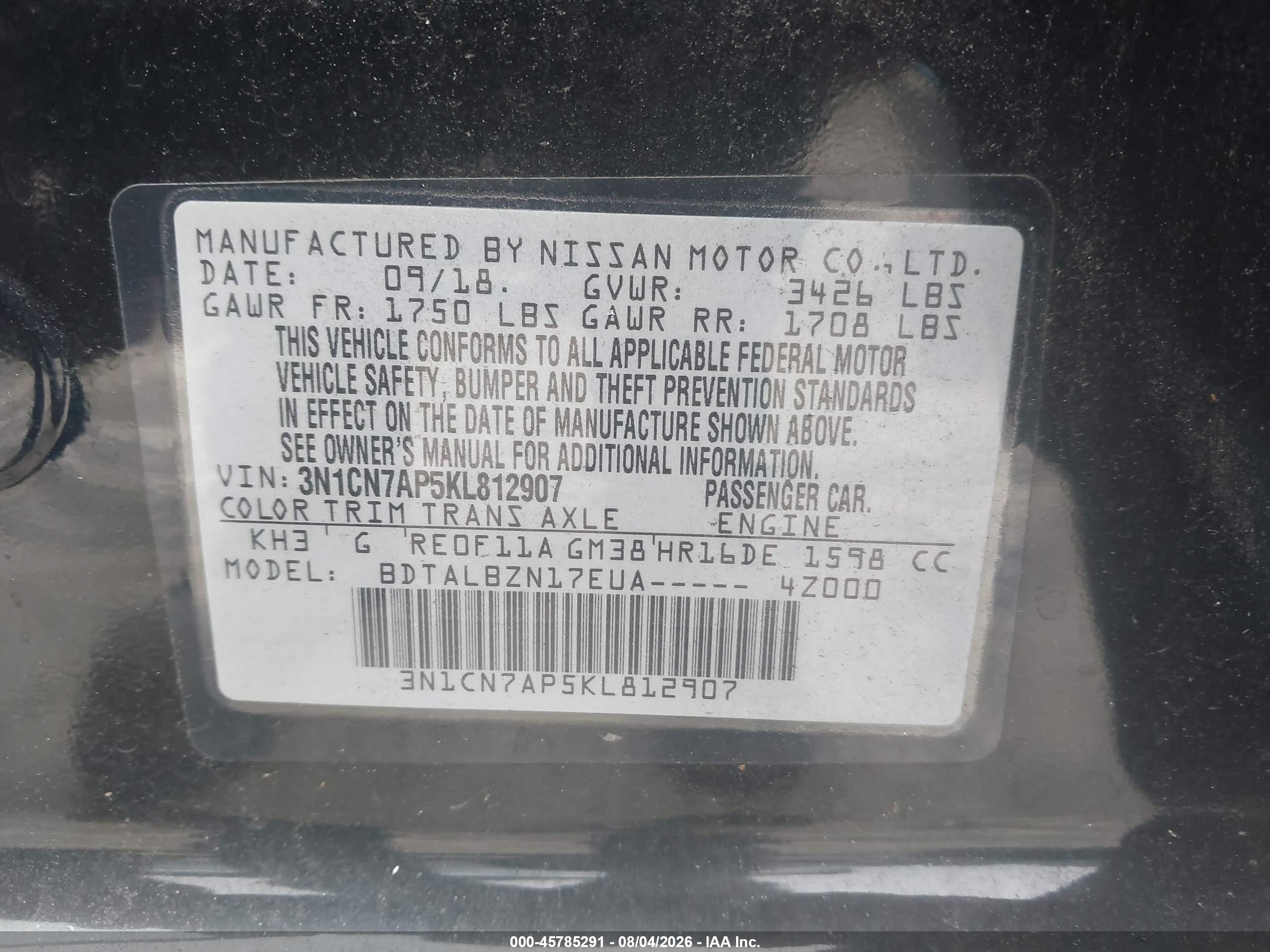 2019 Nissan Versa 1.6 Sv Черный vin: 3N1CN7AP5KL812907