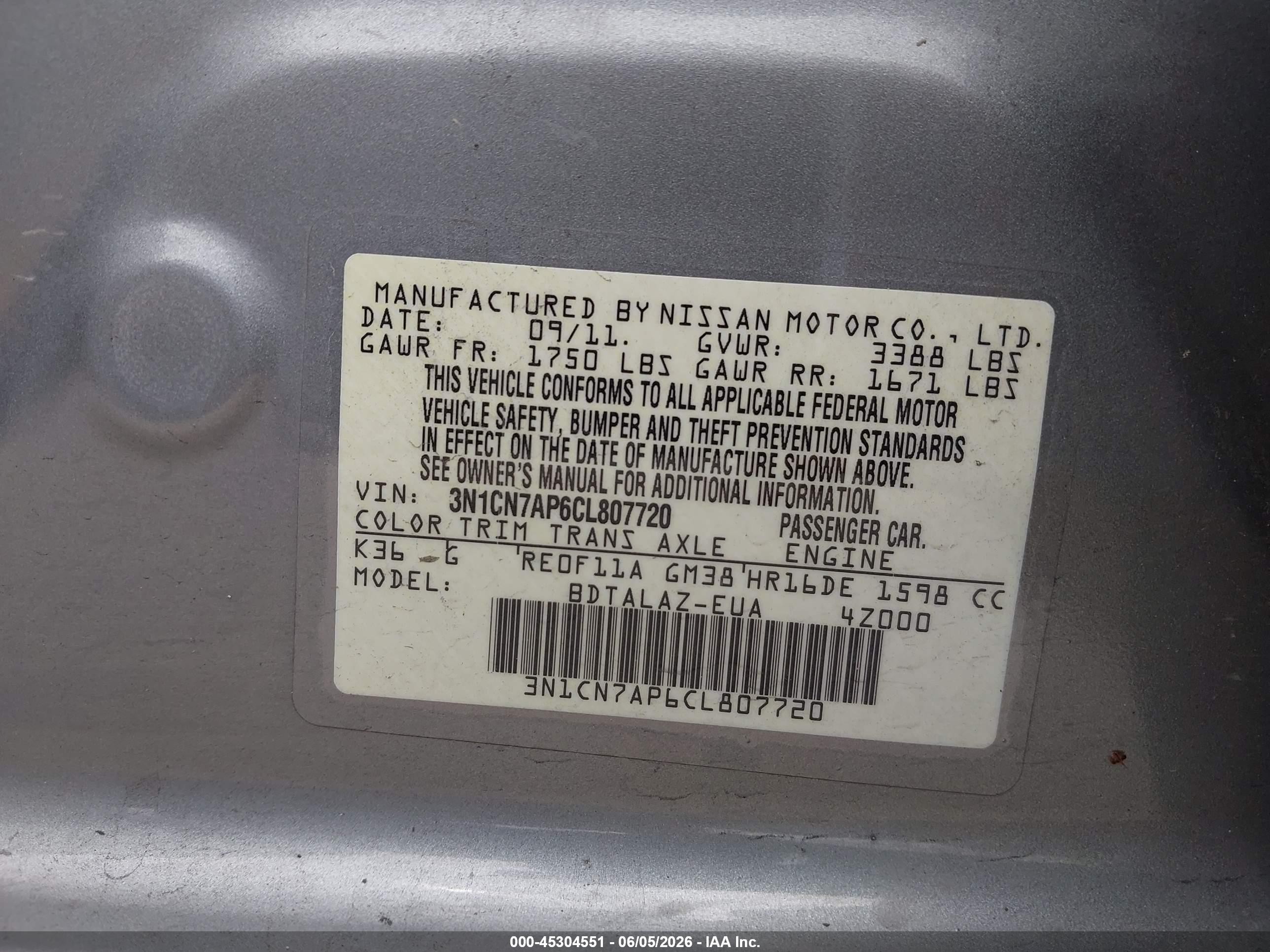 2012 Nissan Versa 1.6 S Gray vin: 3N1CN7AP6CL807720
