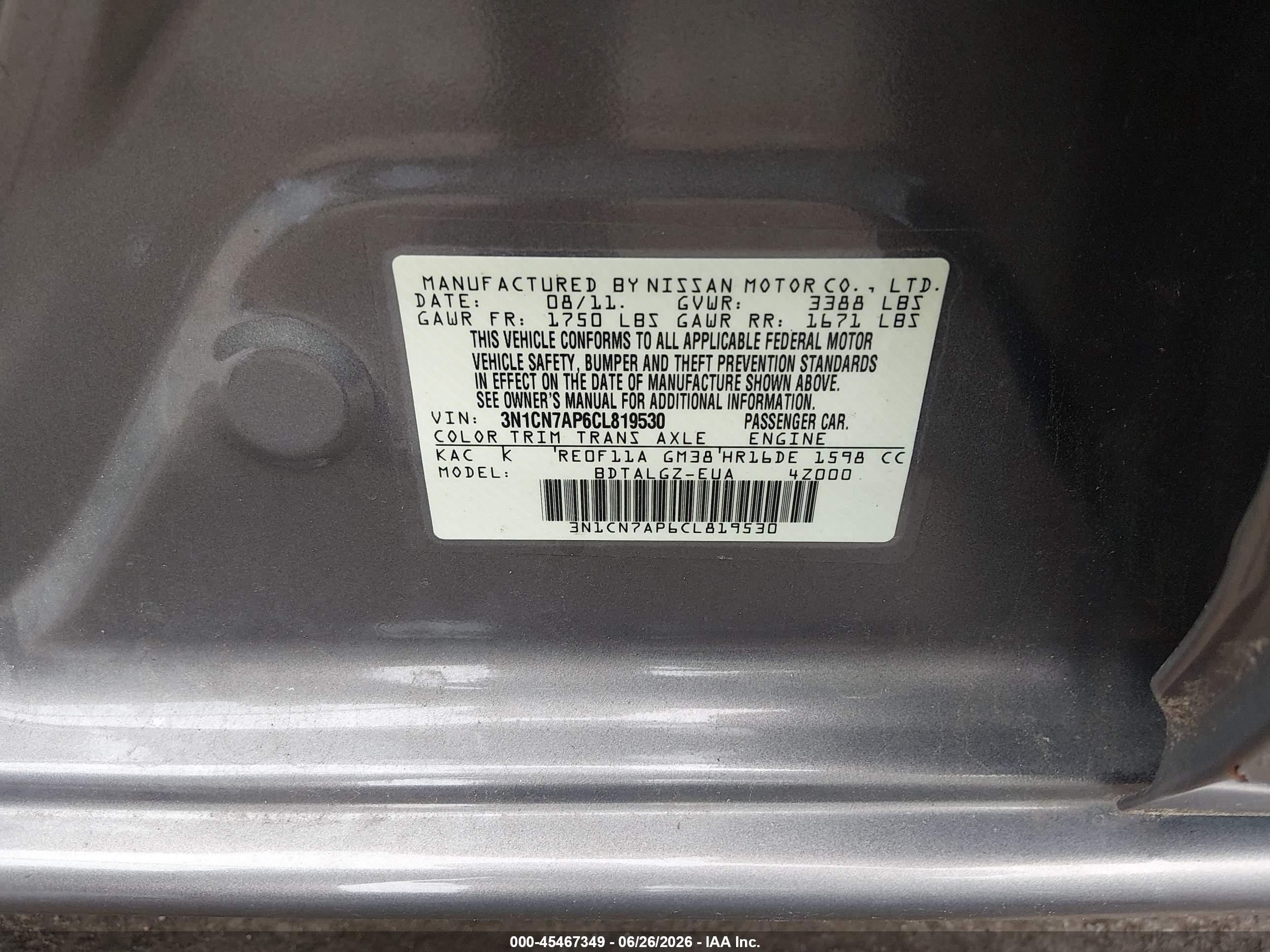 2012 Nissan Versa 1.6 Sl Gray vin: 3N1CN7AP6CL819530