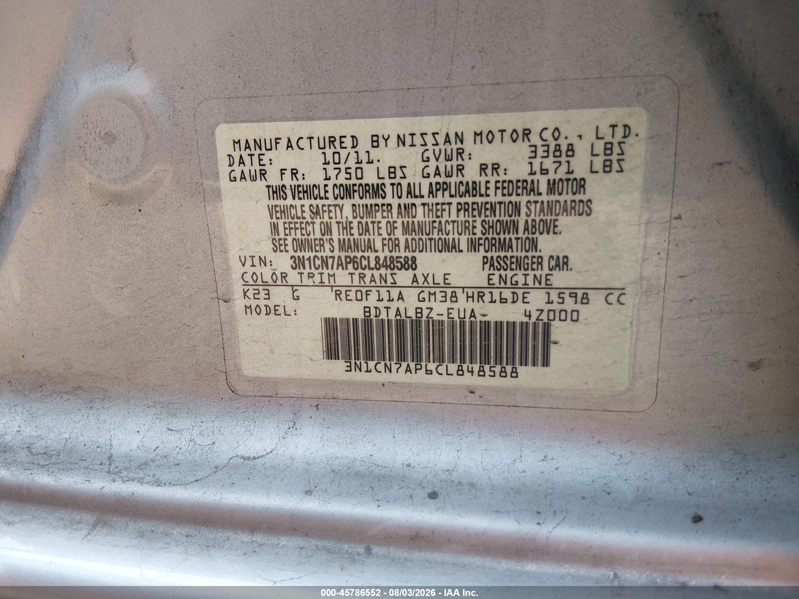 2012 Nissan Versa 1.6 Sv Silver vin: 3N1CN7AP6CL848588