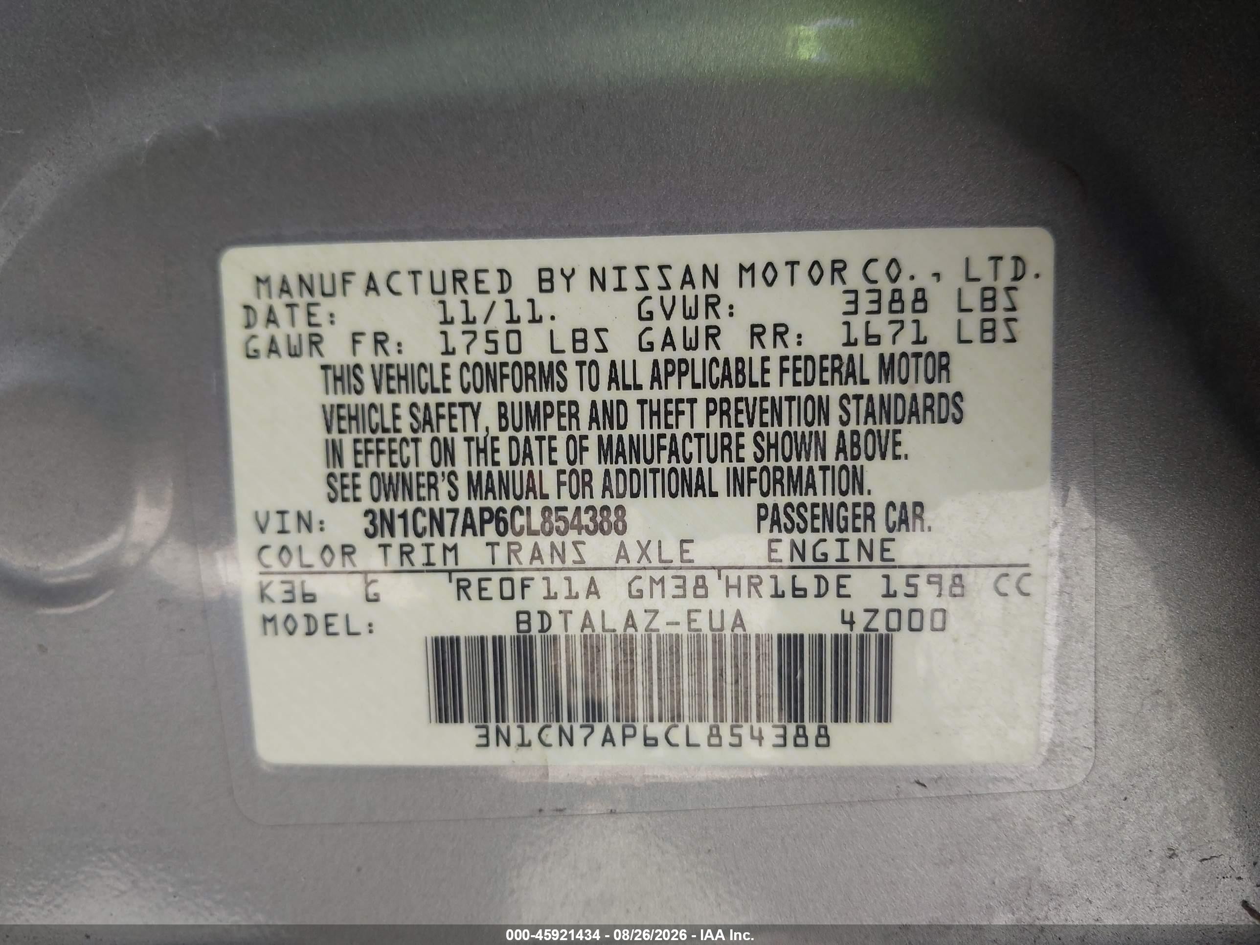 2012 Nissan Versa 1.6 S Silver vin: 3N1CN7AP6CL854388