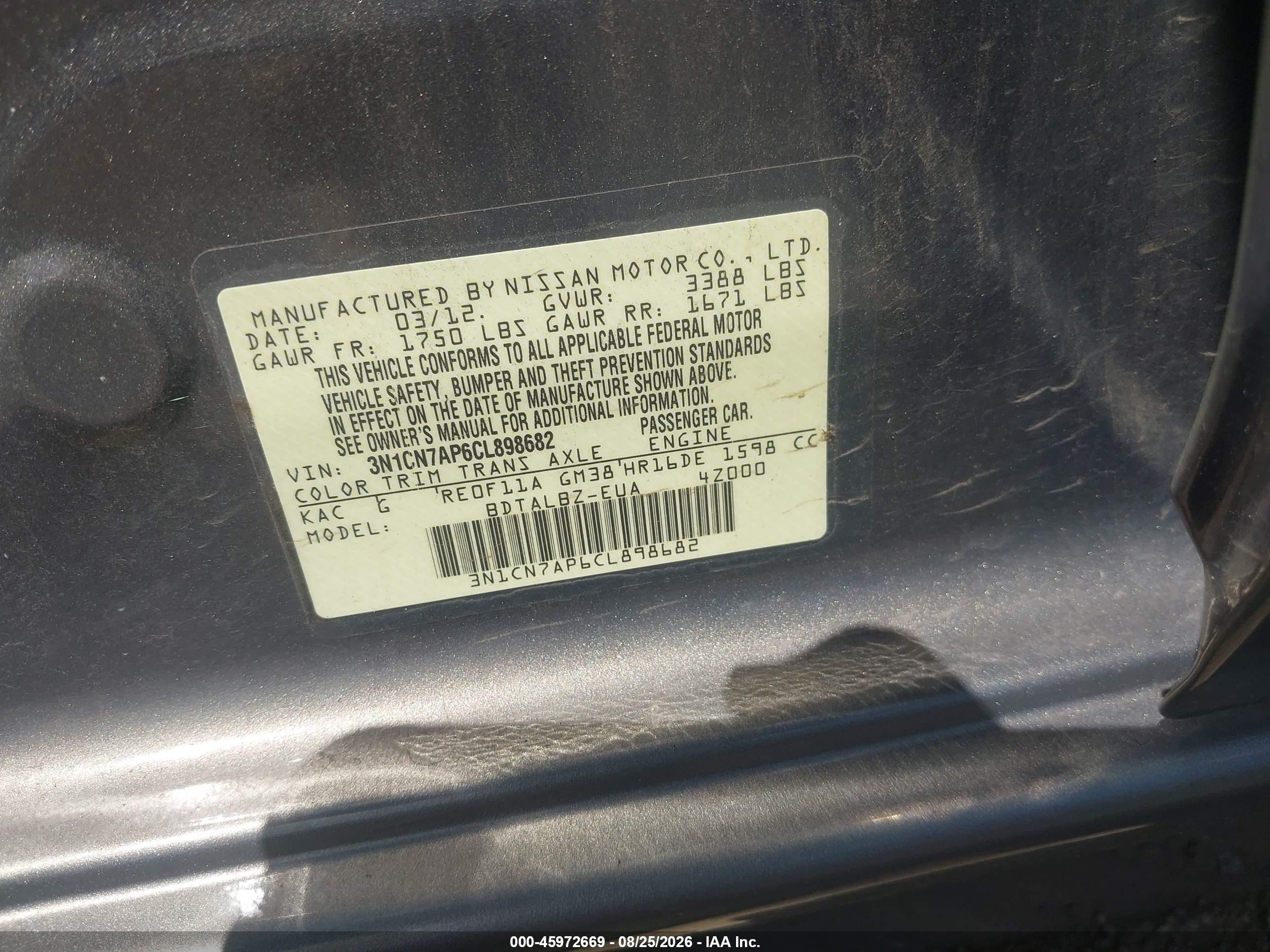 2012 Nissan Versa 1.6 Sv Brown vin: 3N1CN7AP6CL898682