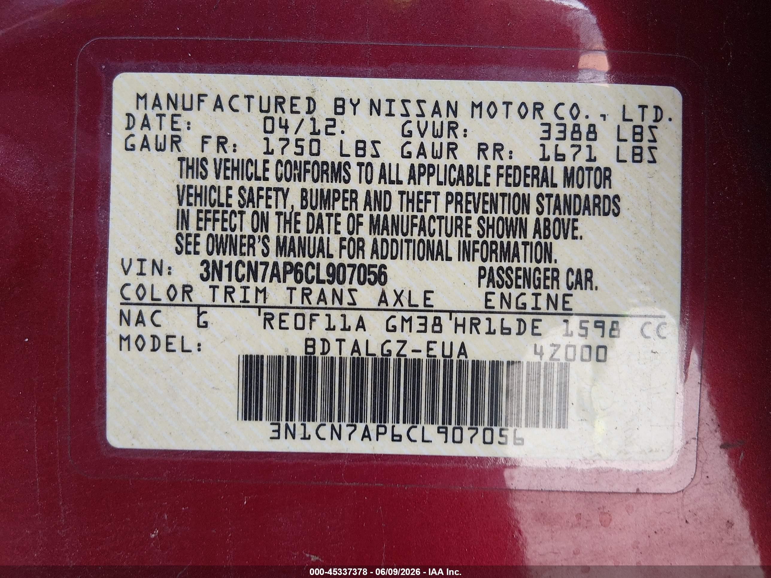 2012 Nissan Versa 1.6 Sl Red vin: 3N1CN7AP6CL907056